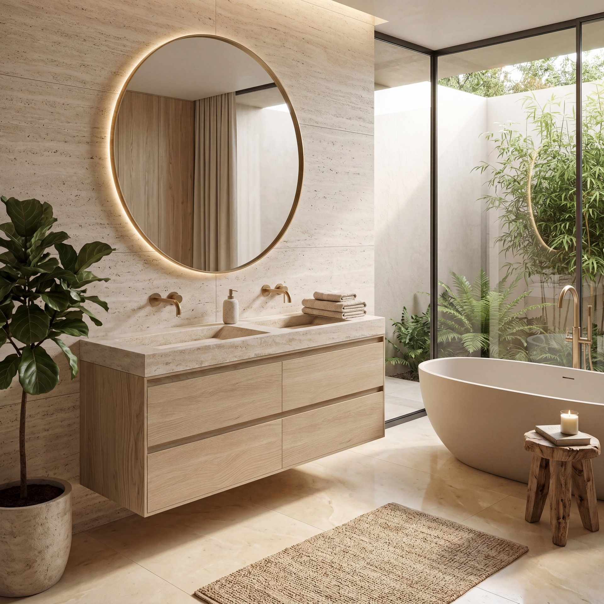 FORZALAQUA IBIZA BELLEZZA Waschbecken mit Unterschrank 160 cm breit, Braun hell, Doppelwaschbecken Naturstein Travertin matt ohne Hahnloch, 4 Schubladen