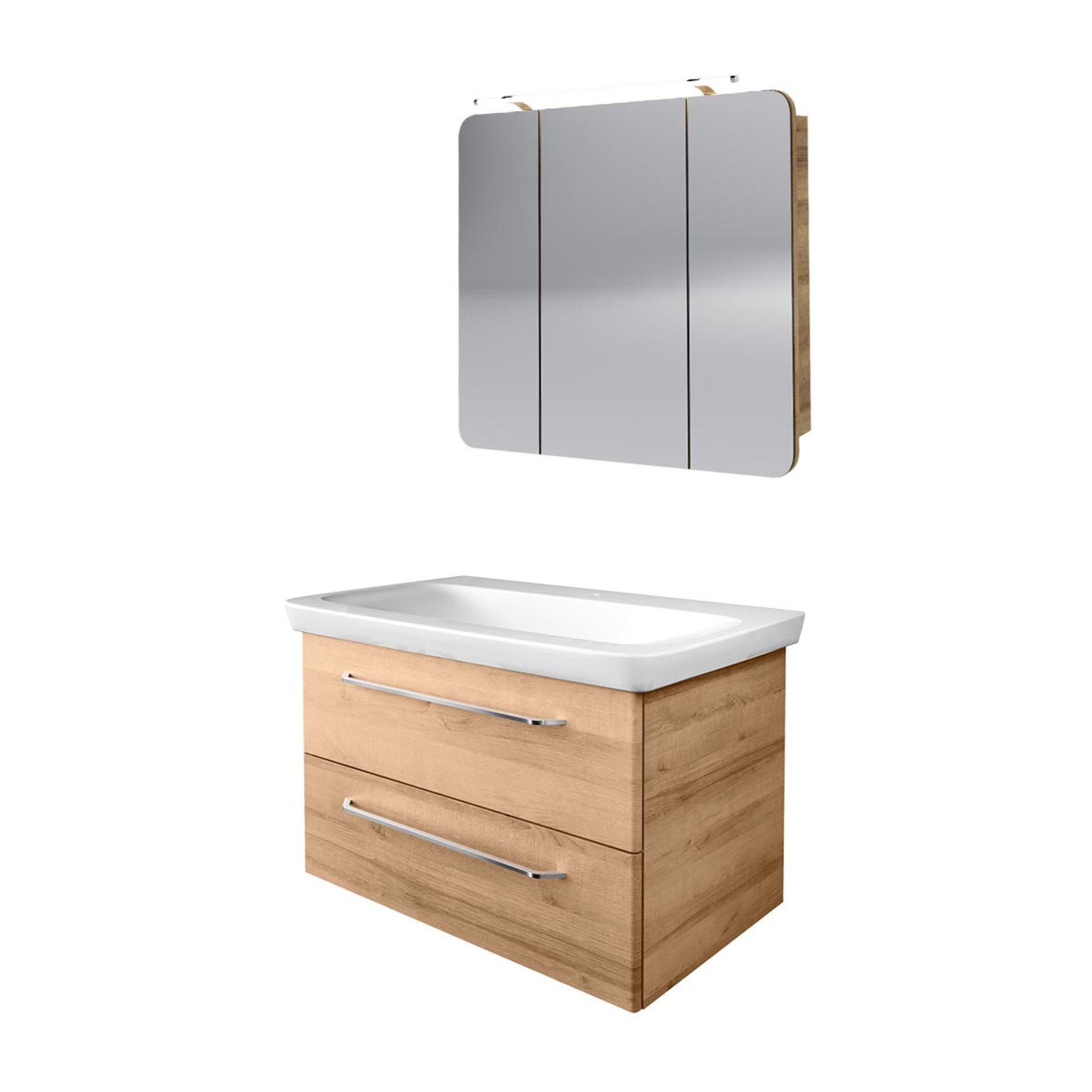 FACKELMANN MILANO Waschtisch Set mit Spiegelschrank 88 cm breit, Braun hell, Waschbecken Keramik