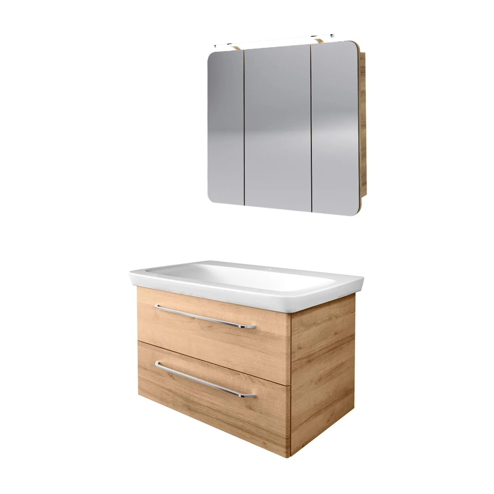 FACKELMANN MILANO Waschtisch Set mit Spiegelschrank 88 cm breit, Braun hell, Waschbecken Keramik Weiß