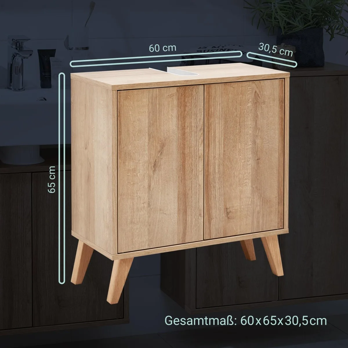 FACKELMANN FINN Waschbeckenunterschrank 60 cm breit, Braun hell + Holzfüße