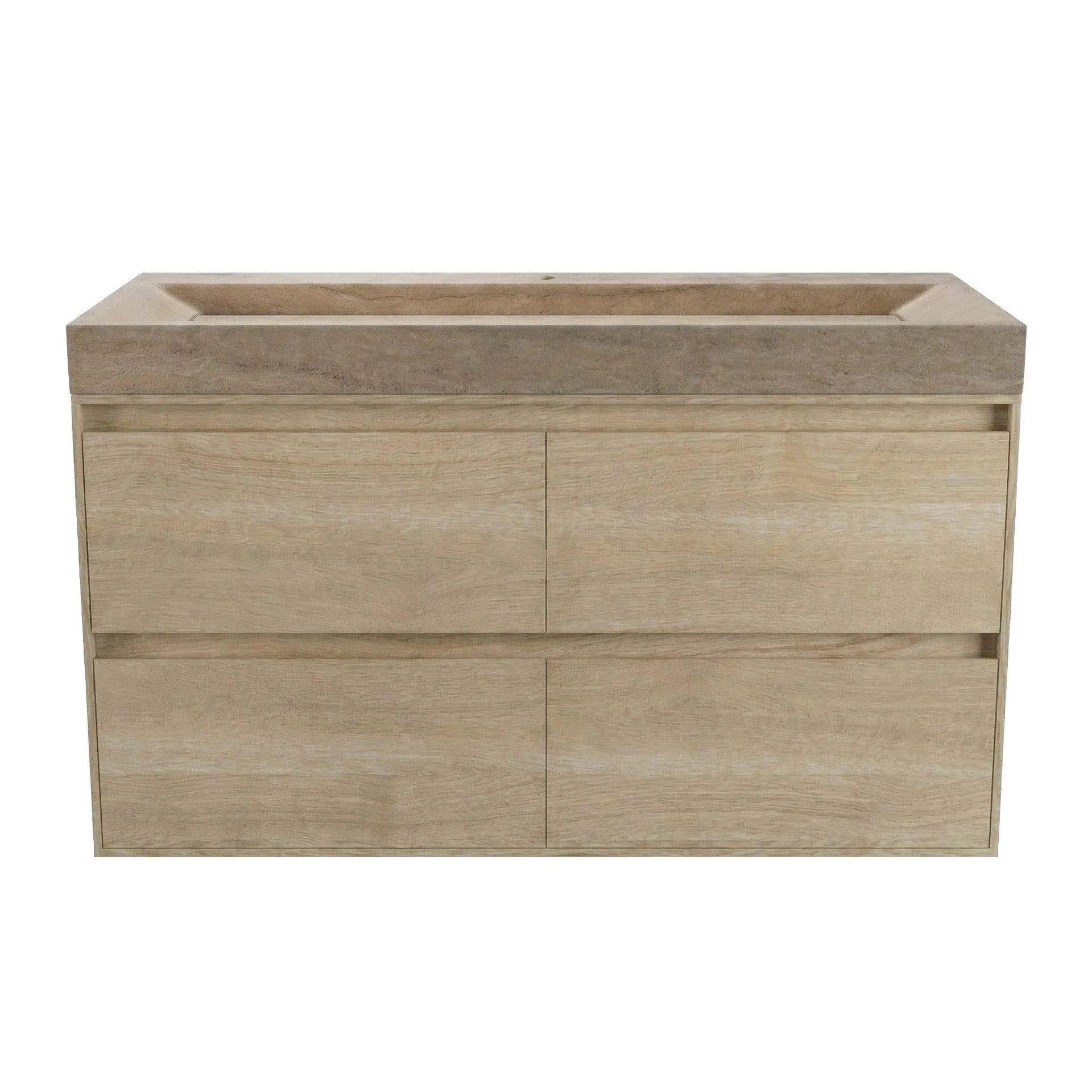 FORZALAQUA IBIZA BELLEZZA Waschbecken mit Unterschrank 120 cm breit, Braun hell, Natursteinwaschbecken Travertin matt mit Hahnloch, 4 Schubladen