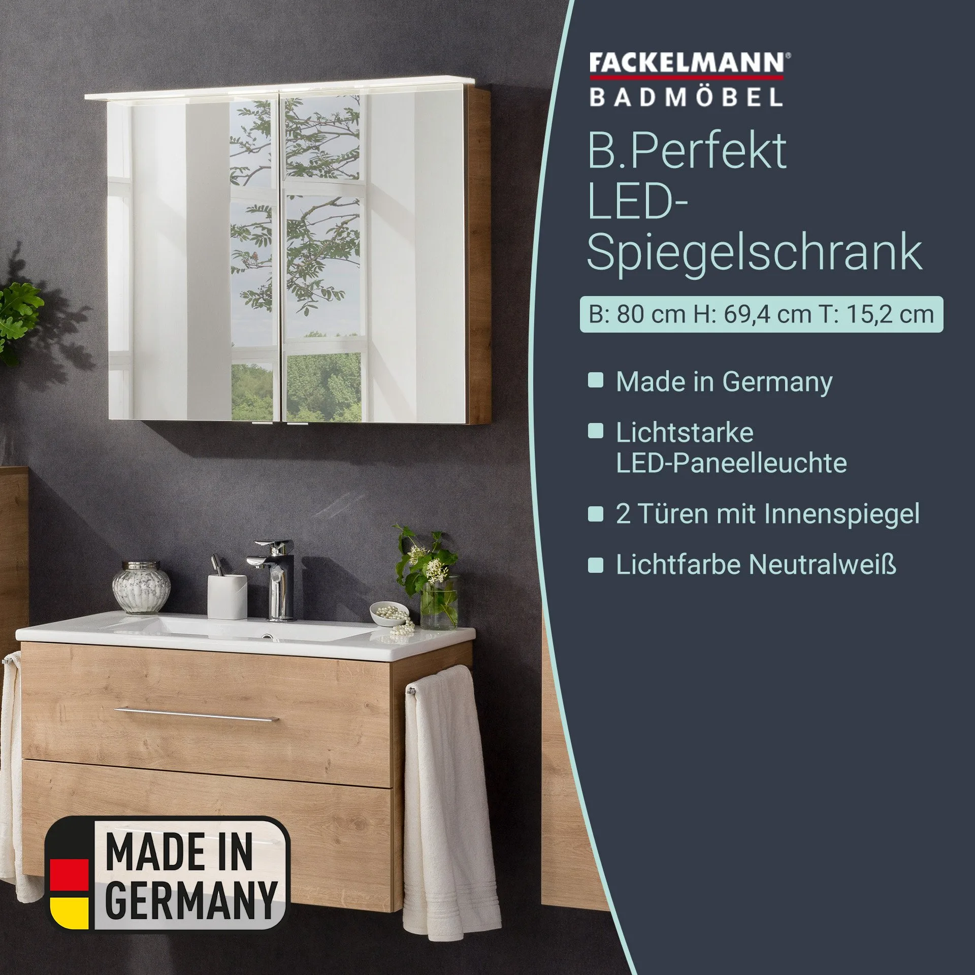 Fackelmann B.PERFEKT LED Spiegelschrank 80 cm breit, Braun hell