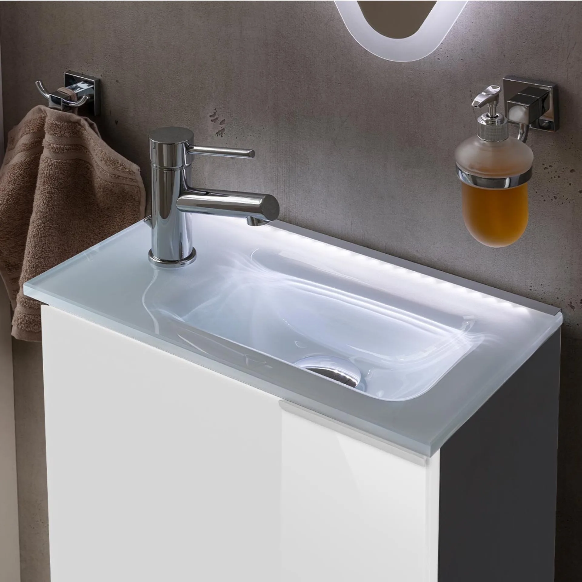 FACKELMANN SBC KARA Gäste WC Waschtisch Set 45 cm breit, Weiß/Anthrazit, Waschbecken Glas Weiß, Türanschlag links + Waschbeckenbeleuchtung