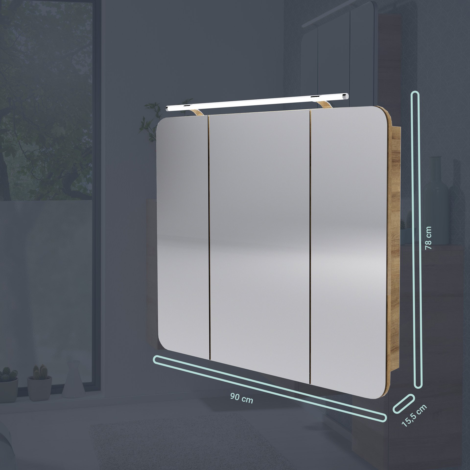 FACKELMANN MILANO Badmöbel Set 4-teilig 88 cm breit, Braun hell, Waschbecken Keramik Weiß + LED Spiegelschrank + Hängeschrank