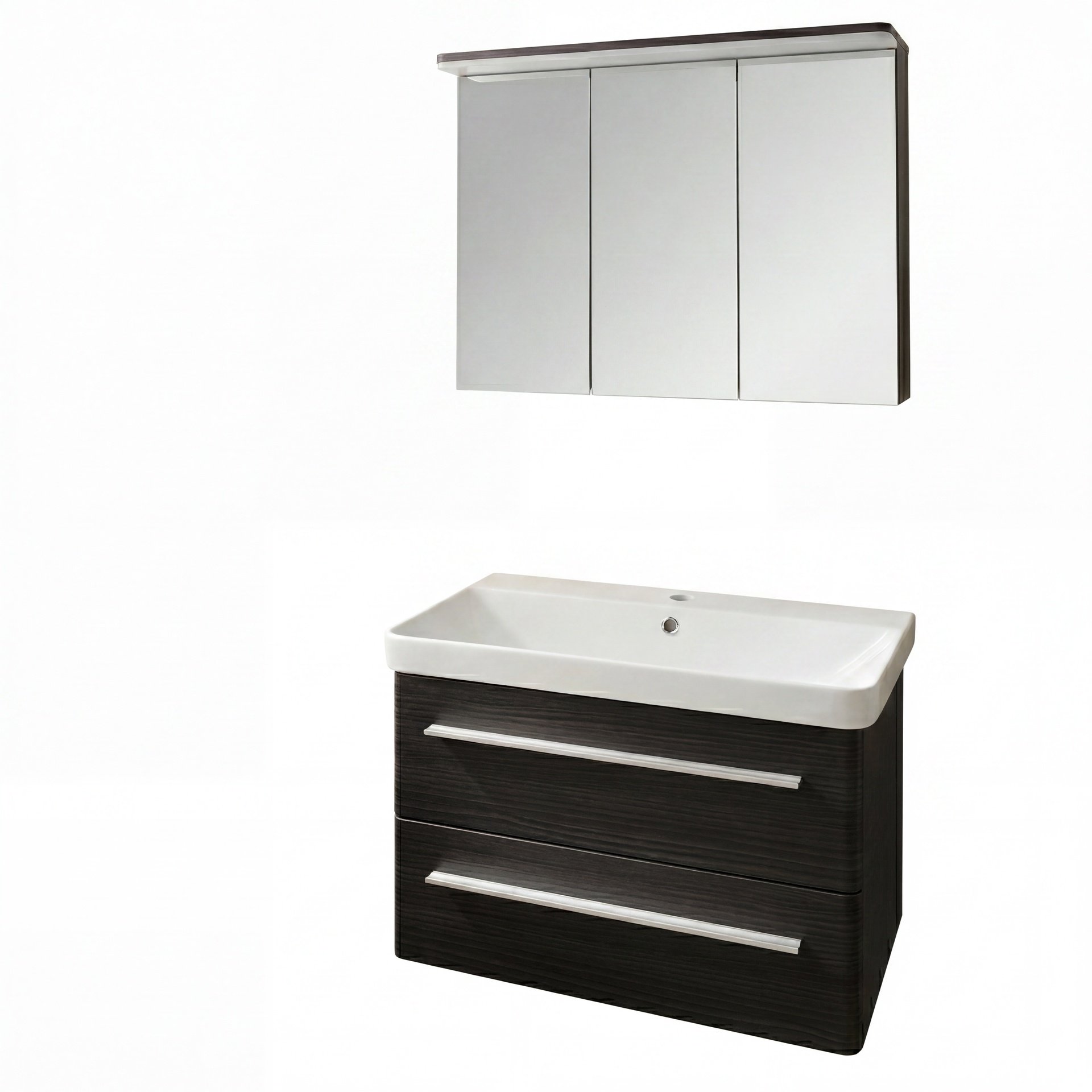 LANZET K8 Waschtisch Set mit Spiegelschrank 80 cm breit, Anthrazit Holzoptik, Waschbecken Keramik Weiß