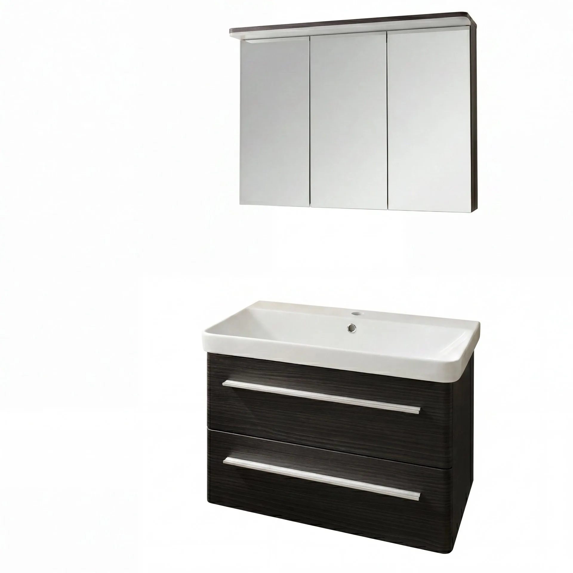 LANZET K8 Waschtisch Set mit Spiegelschrank 80 cm breit, Anthrazit Holzoptik, Waschbecken Keramik Weiß