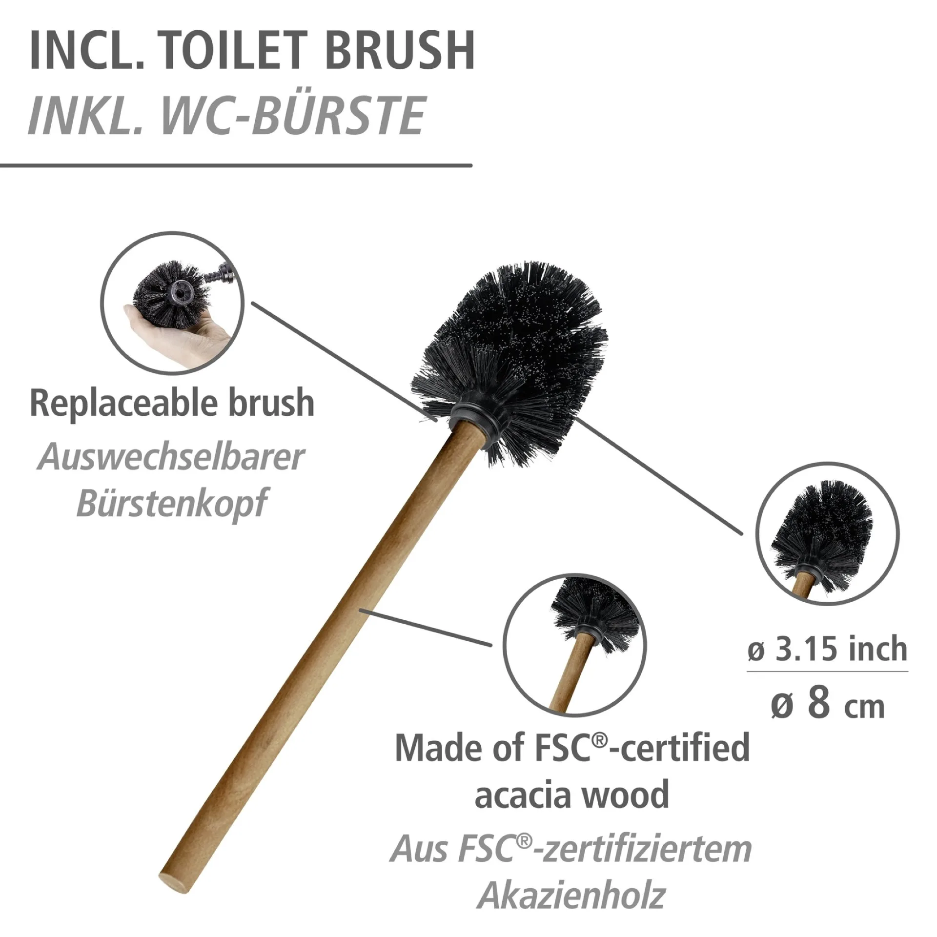 WENKO RIVALTA ACACIA WC-Garnitur, Braun/Schwarz, mit Toilettenpapierhalter und Bevorrater, stehend