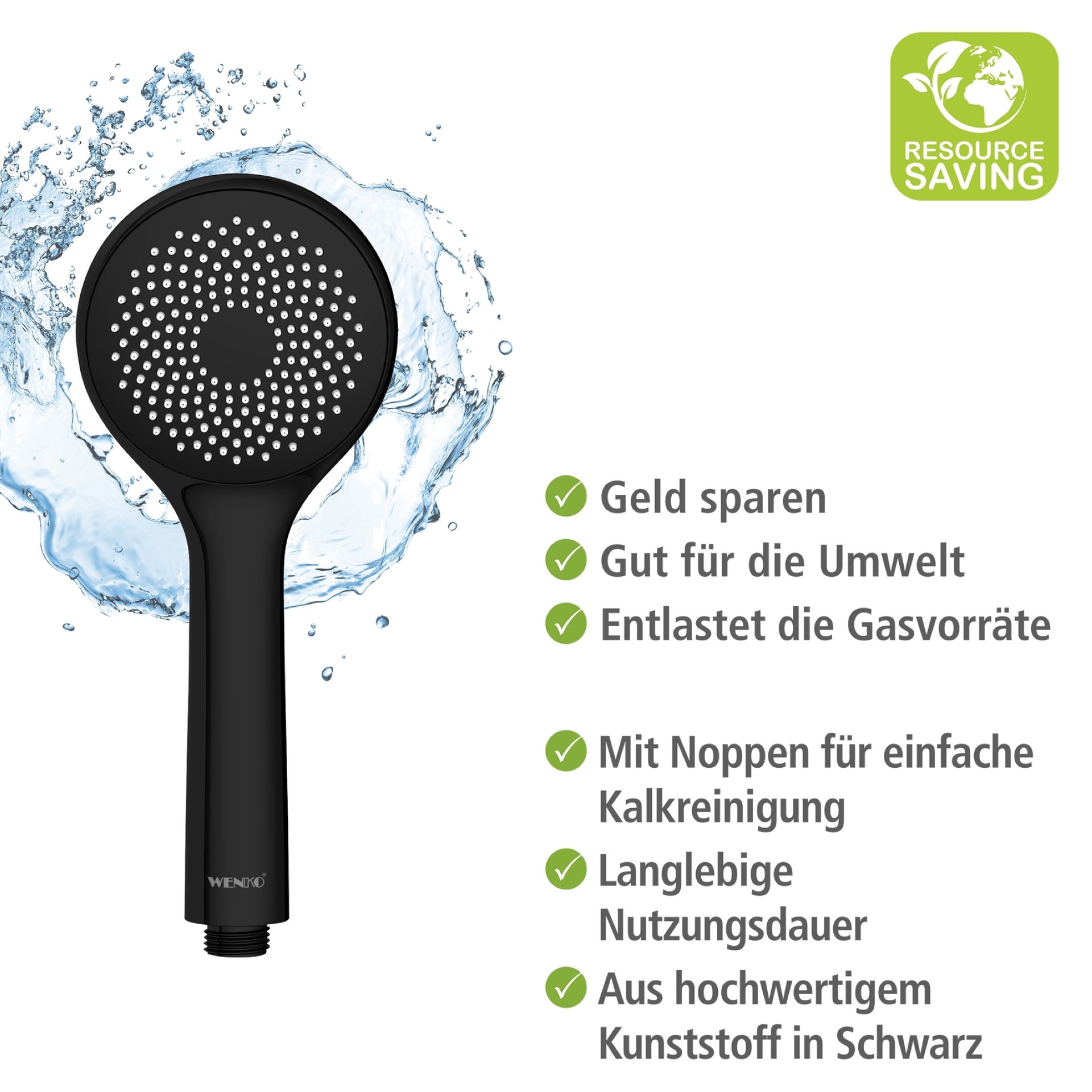 WENKO Duschkopf Ø 9,5 cm, Schwarz, mit Wassersparsystem