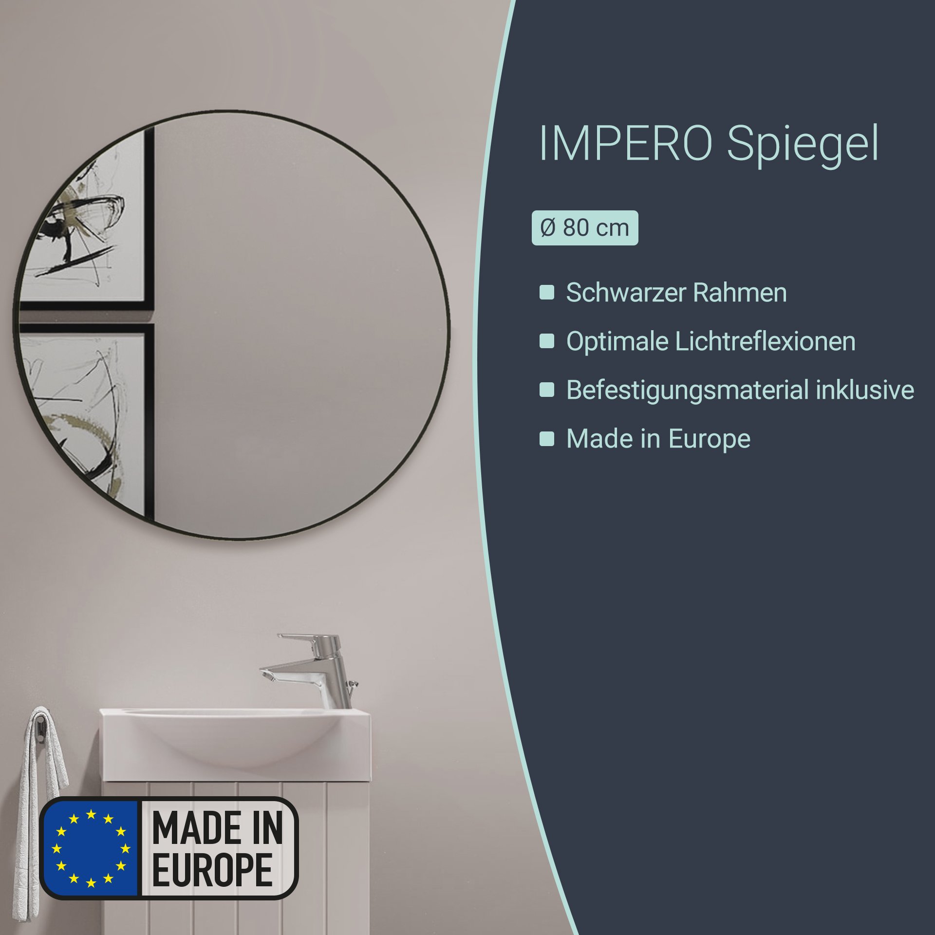 BADEDU IMPERO Spiegel Ø 80 cm, Schwarz, rund