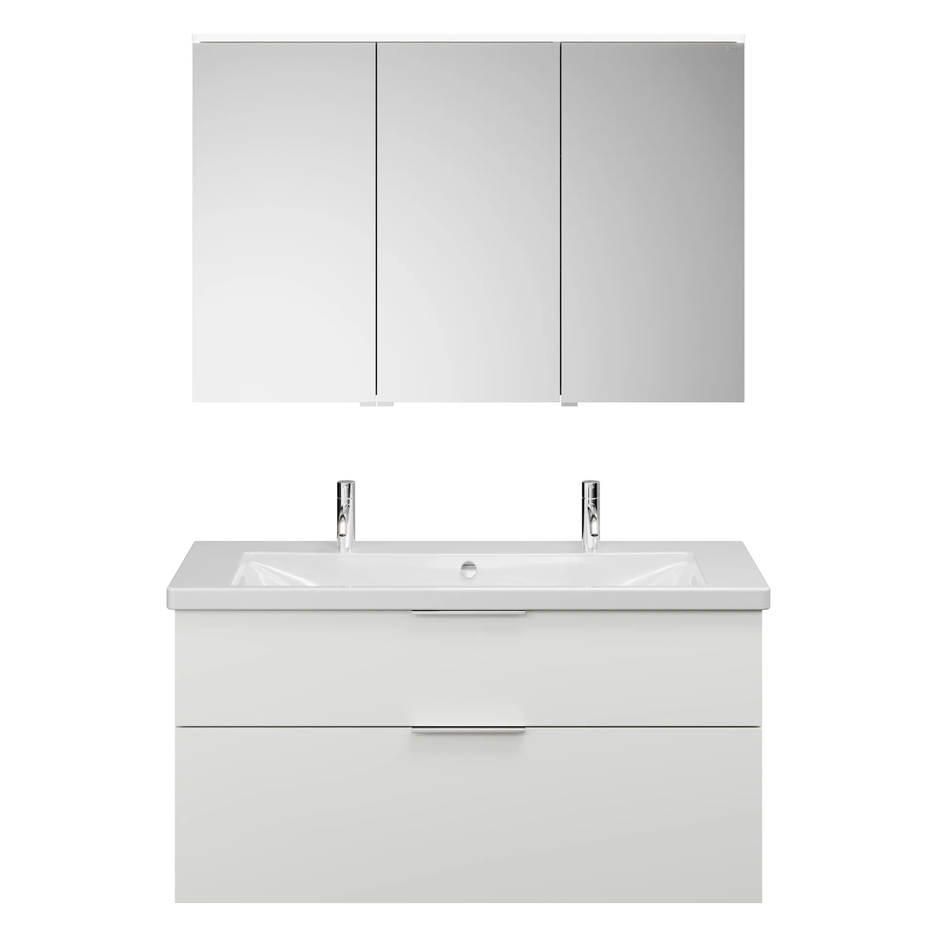 Burgbad EQIO Waschtisch Set mit Spiegelschrank 123 cm breit, Weiß Hochglanz, Doppelwaschbecken Keramik Weiß, 3-türig Anschlag rechts