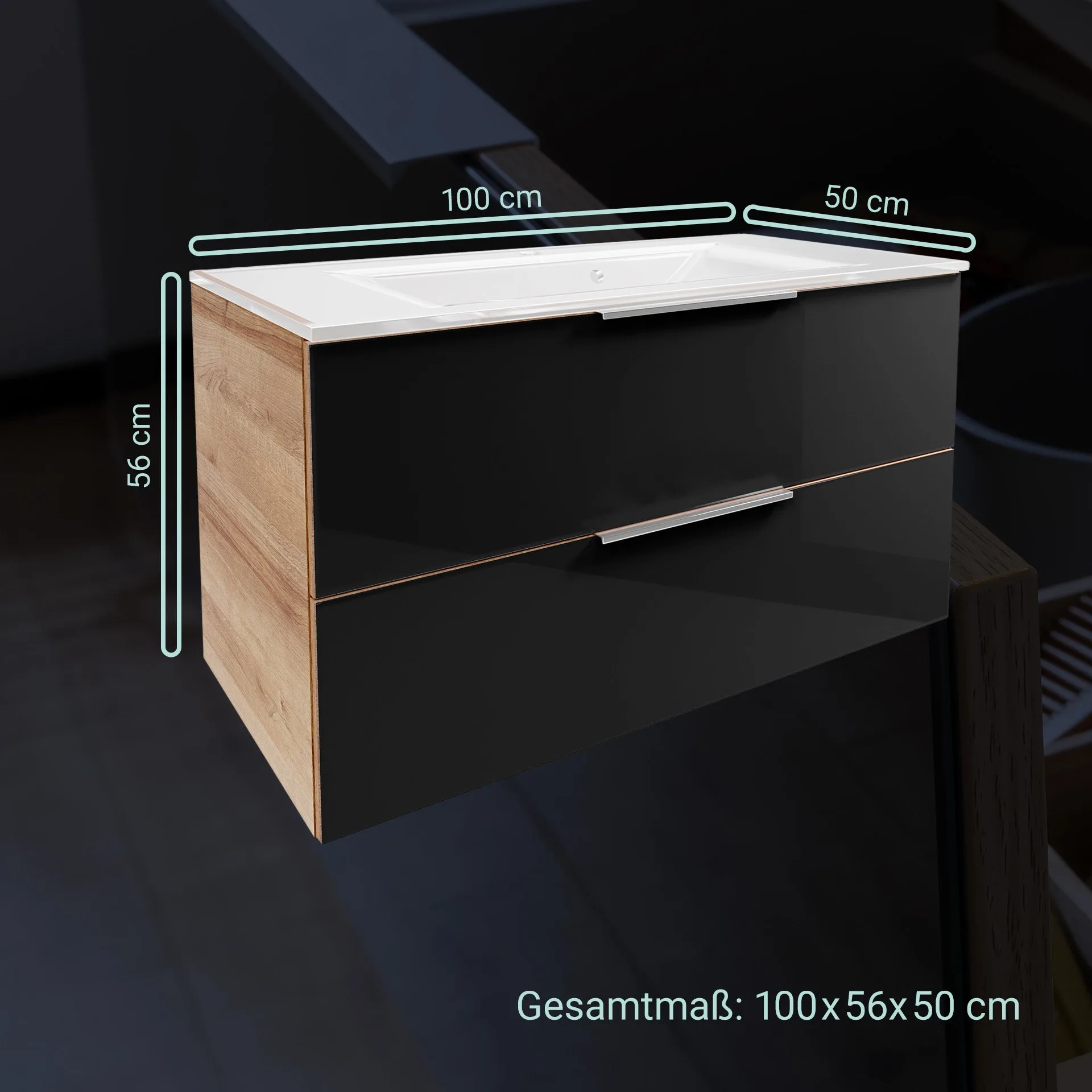 FACKELMANN B.BRILLANT Waschbecken mit Unterschrank 100 cm breit, Anthrazit Glas/Braun hell, Waschbecken Glas Weiß