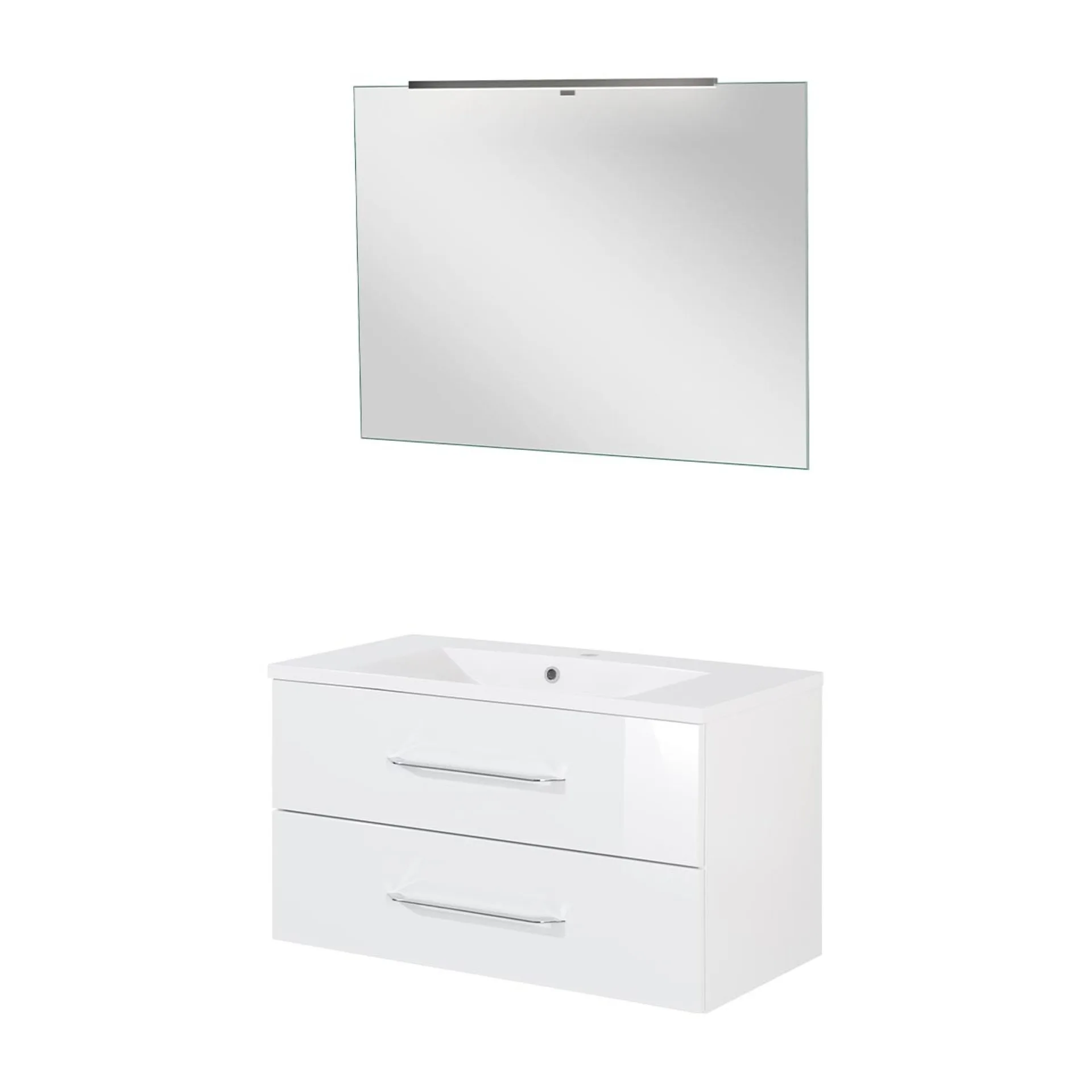 FACKELMANN B.CLEVER Waschtisch Set mit Spiegel 90 cm breit, Weiß, Waschbecken Gussmarmor Weiß + LED Aufsatzleuchte