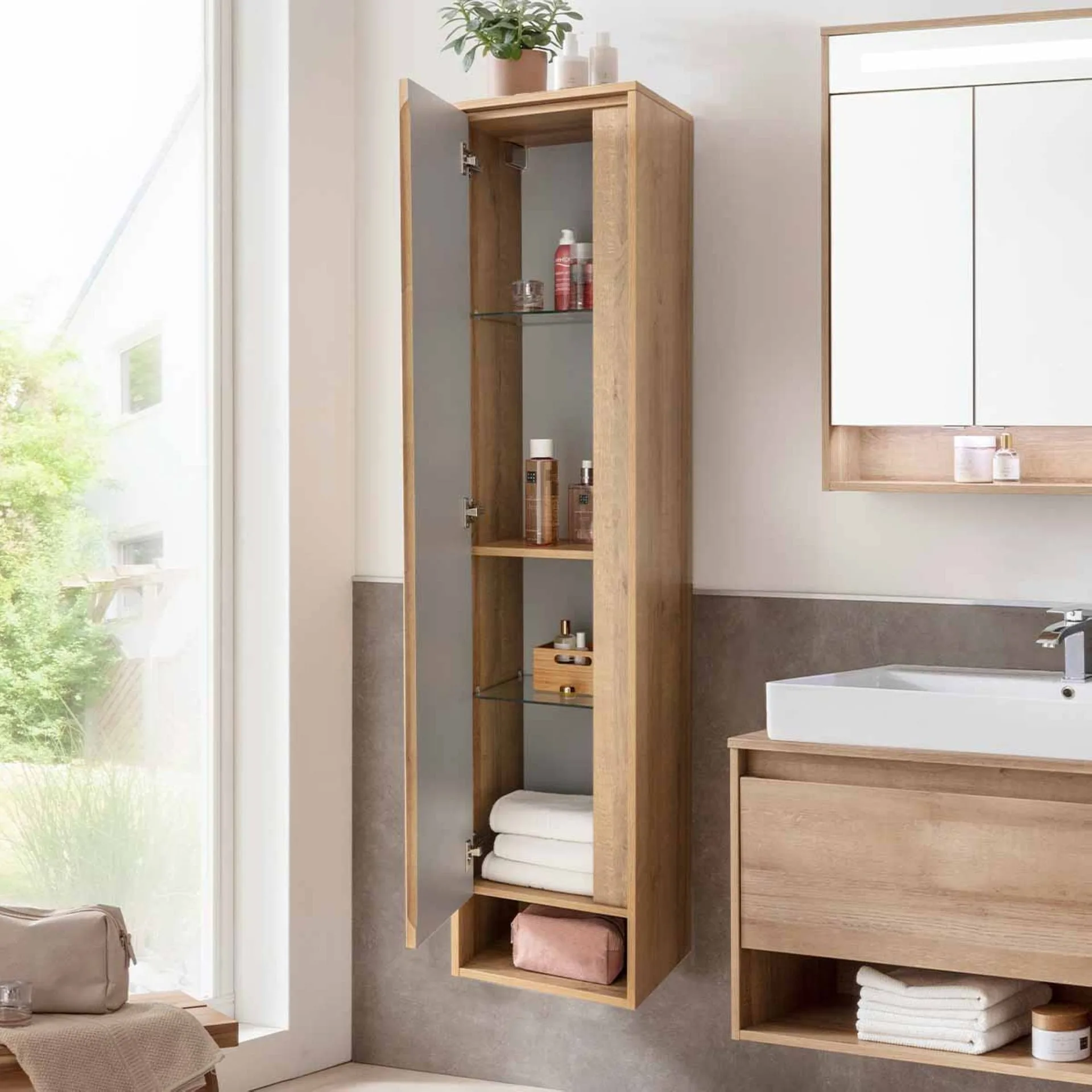 FACKELMANN NATURA Hochschrank 38 cm breit, Braun hell, Türanschlag links