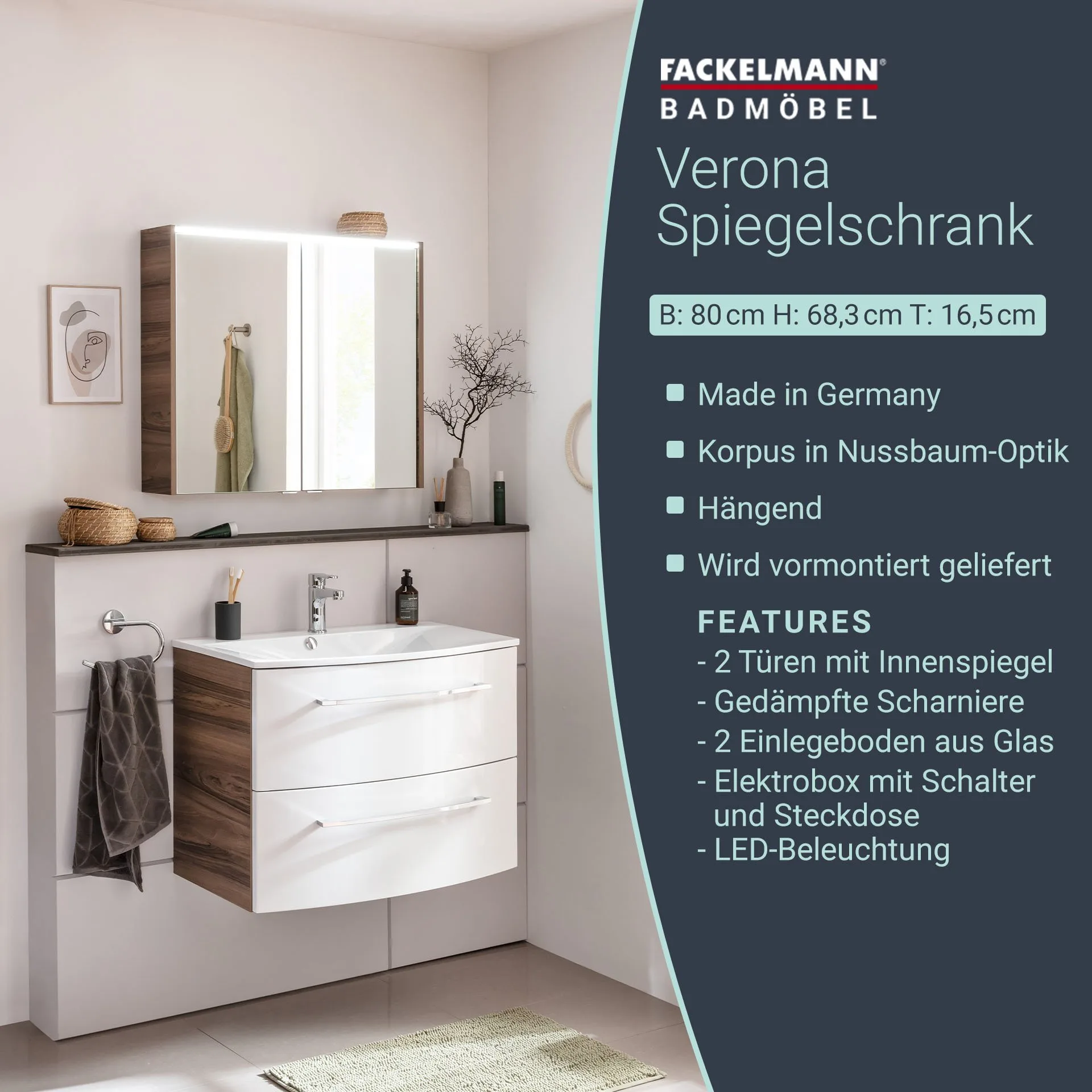FACKELMANN VERONA LED Spiegelschrank 80 cm breit, Braun Dunkel