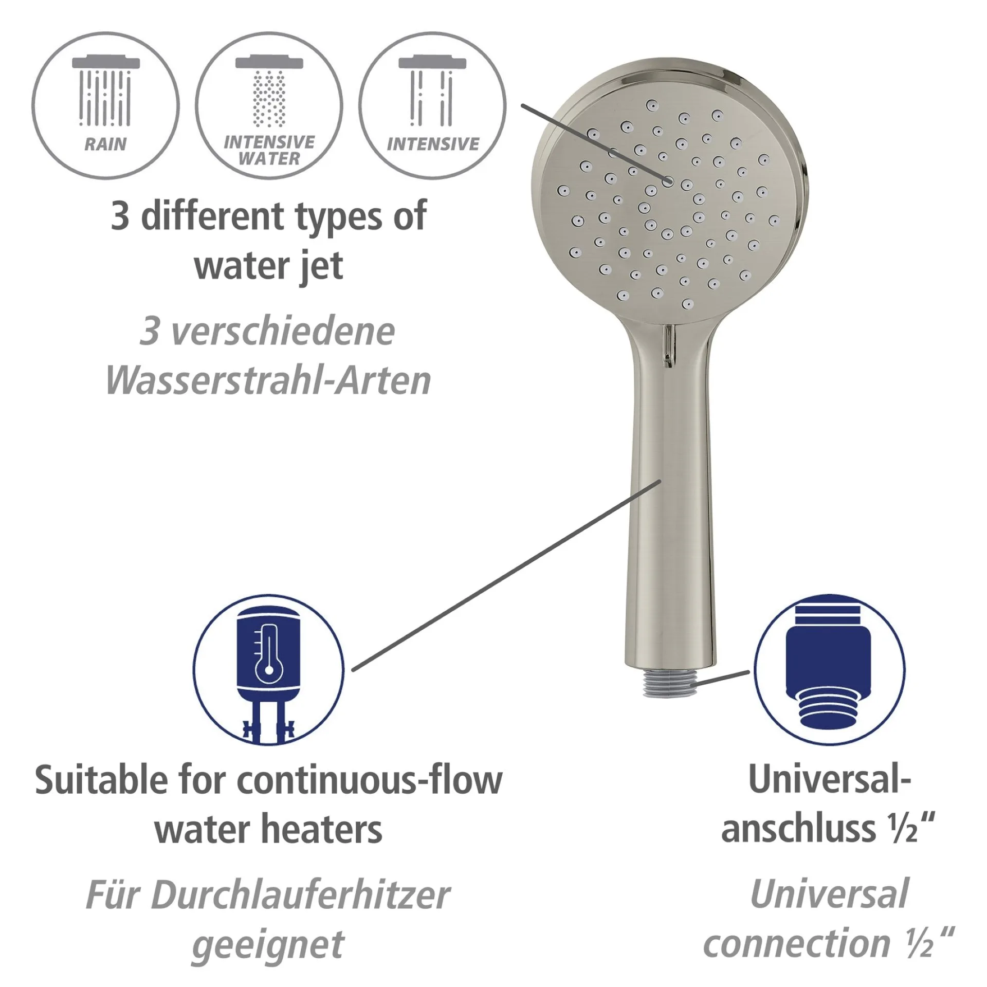 WENKO YOUNG Stangenbrause Set 66 cm, Silber matt, 3 verschiedene Wasserstrahlarten