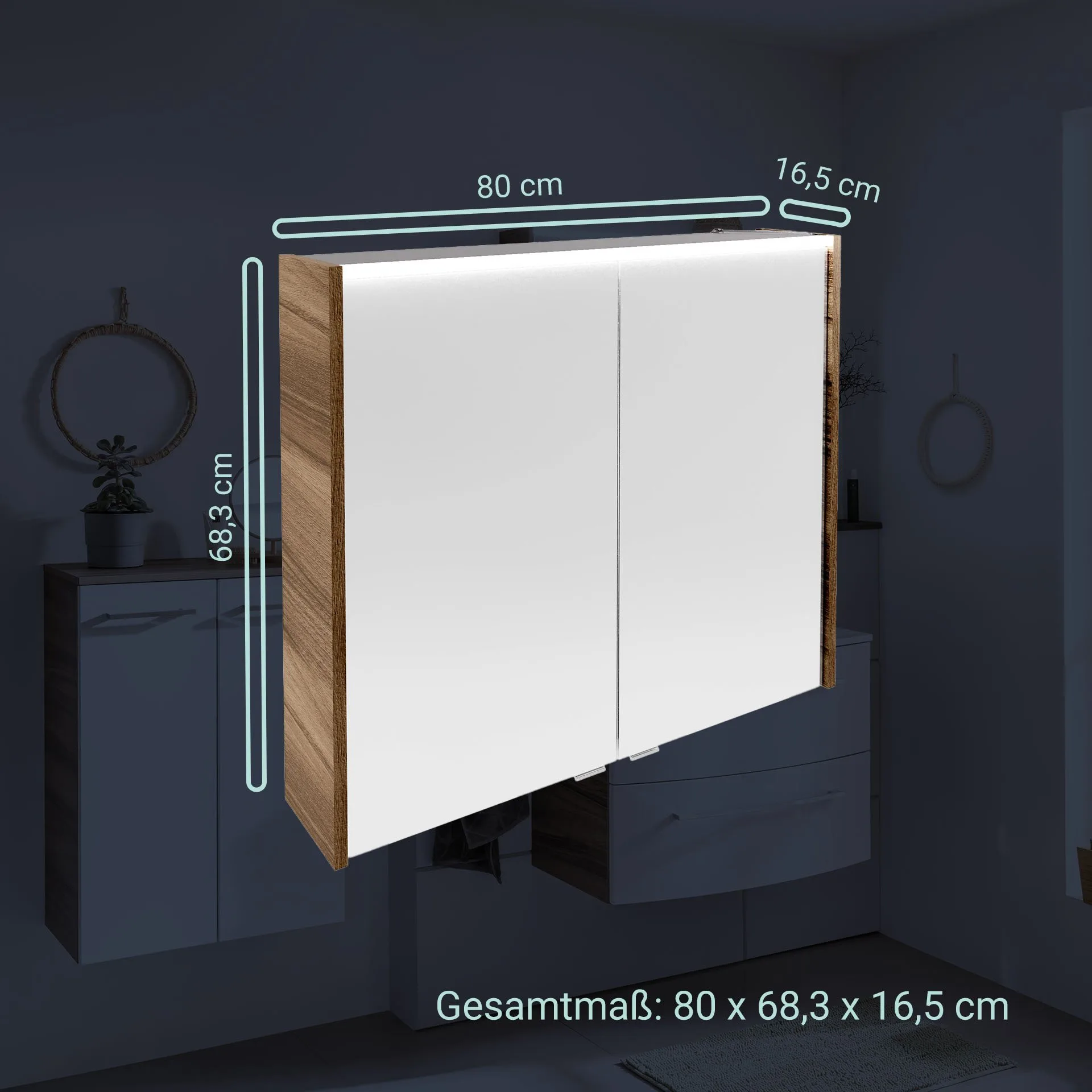 FACKELMANN VERONA LED Spiegelschrank 80 cm breit, Braun Dunkel