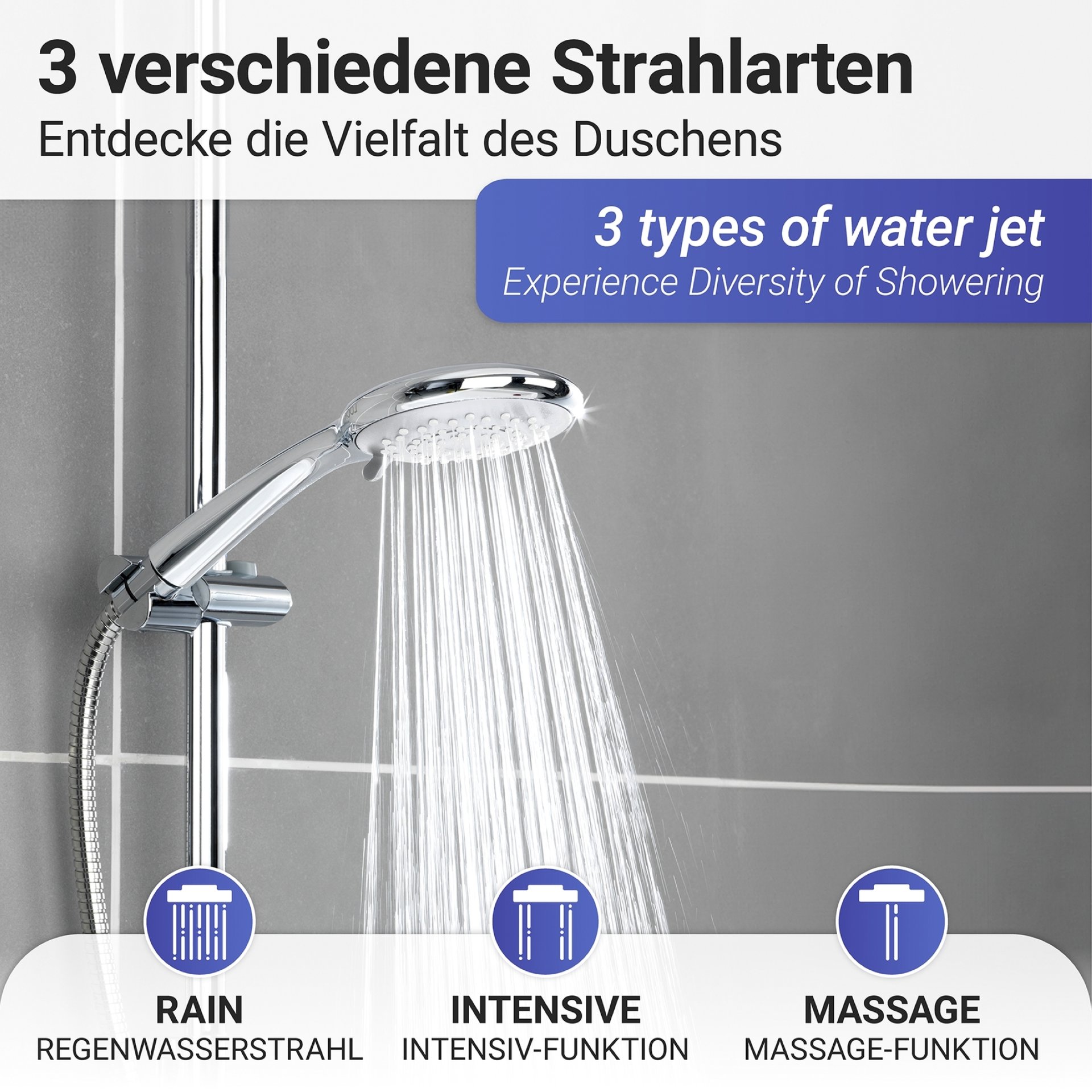 WENKO Duschkopf Ø 11 cm, Chrom, mit Wassersparsystem, 3 verschiedene Wasserstrahlarten