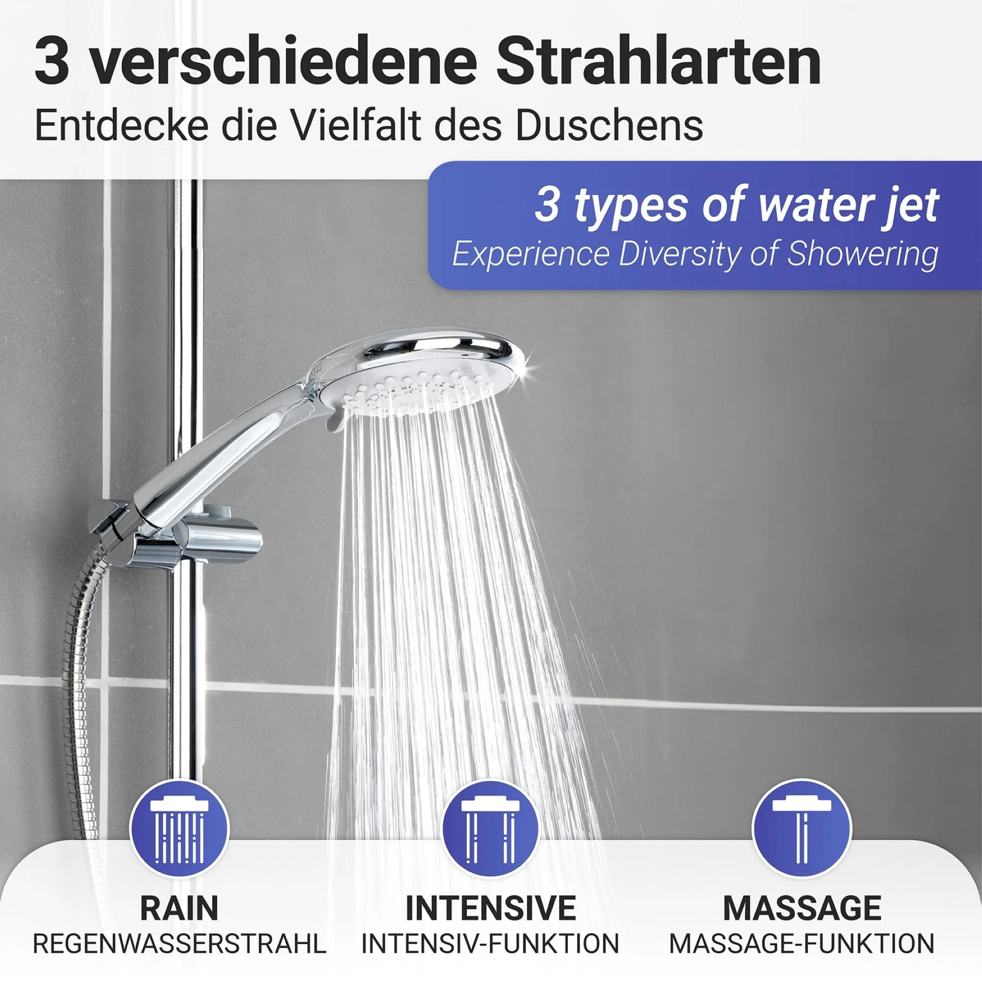 WENKO Duschkopf Ø 11 cm, Chrom, 3 verschiedene Wasserstrahlarten
