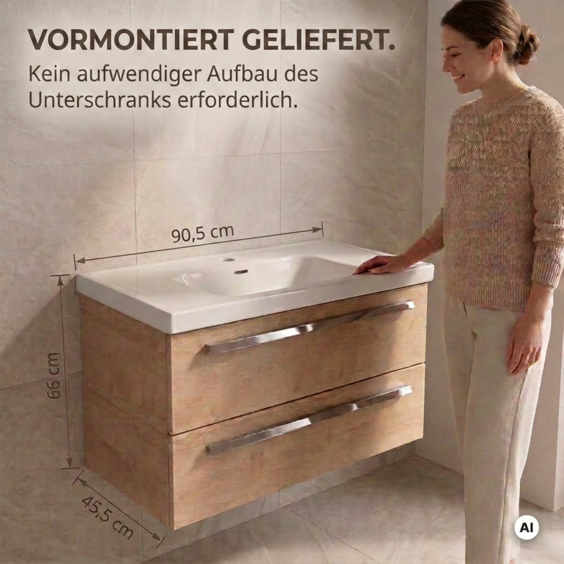 BADEDU TESSANO Waschbecken mit Unterschrank 90 cm breit, Braun hell, Waschbecken Keramik Weiß