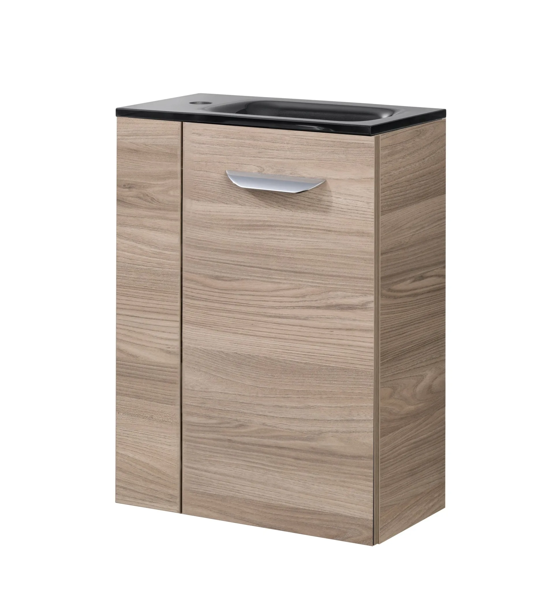 FACKELMANN SBC LUXOR Gäste WC Waschtisch Set 45 cm breit, Braun hell, Waschbecken Glas Anthrazit, Türanschlag rechts