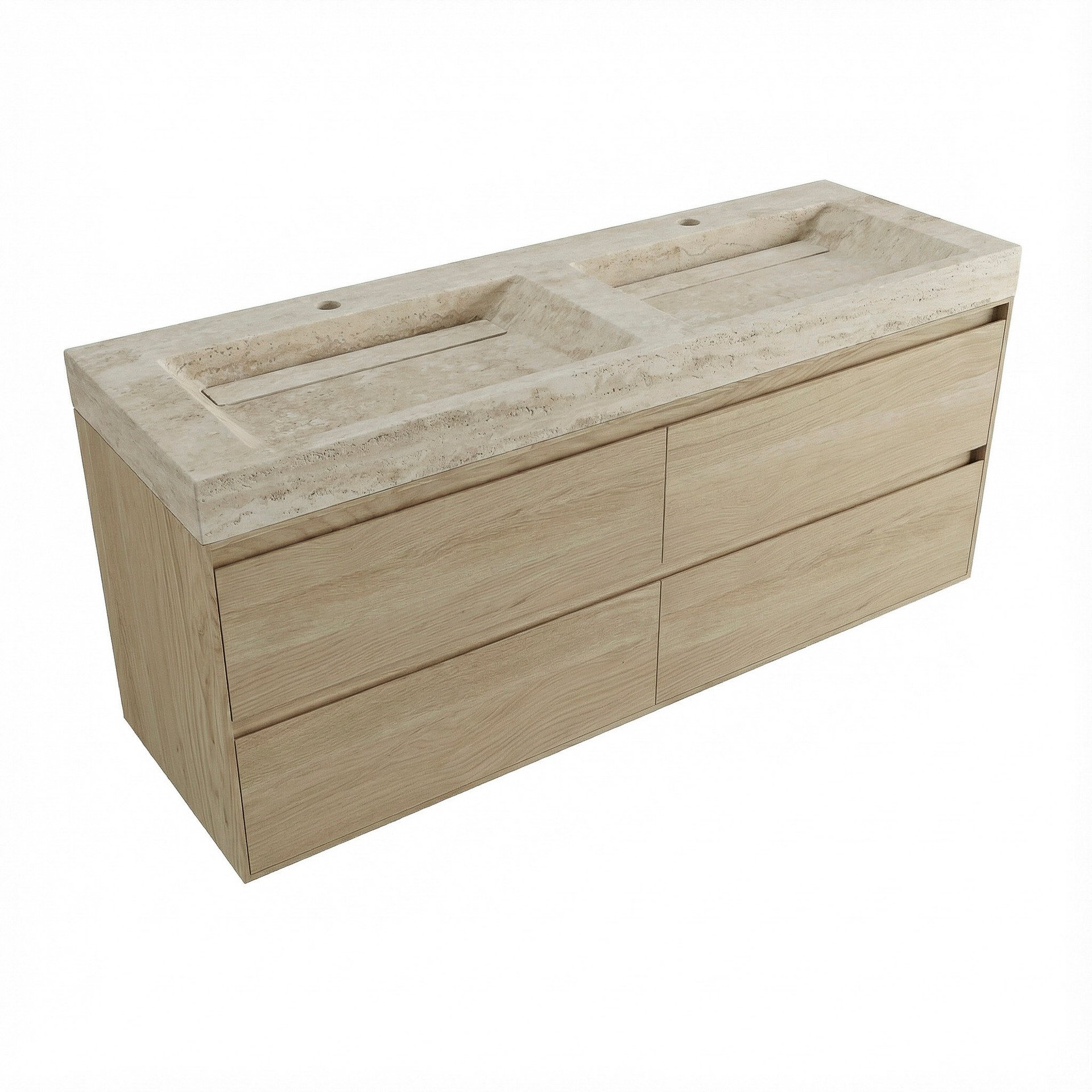 FORZALAQUA IBIZA BELLEZZA Waschbecken mit Unterschrank 160 cm breit, Braun hell, Doppelwaschbecken Naturstein Travertin matt mit zwei Hahnlöchern, 4 Schubladen