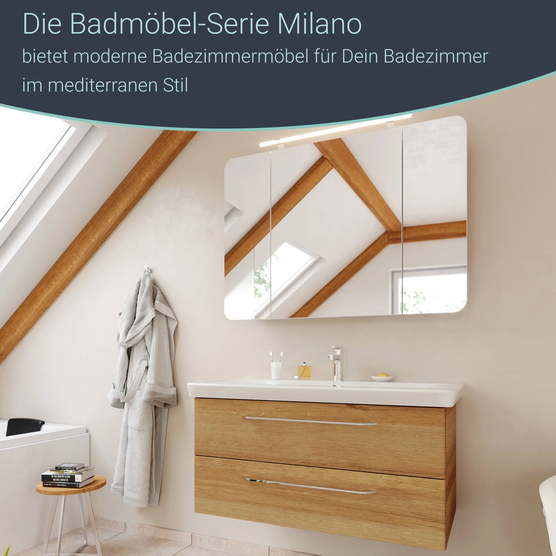 FACKELMANN MILANO Waschbecken mit Unterschrank 107 cm breit, Braun hell, Waschbecken Keramik Weiß