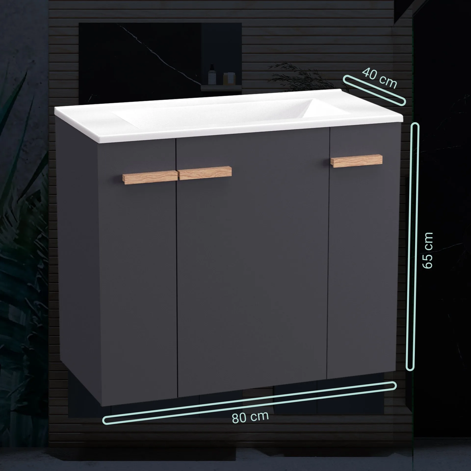 BADEDU HIERA Waschbecken mit Unterschrank 80 cm breit, Anthrazit, Waschbecken Keramik Weiß