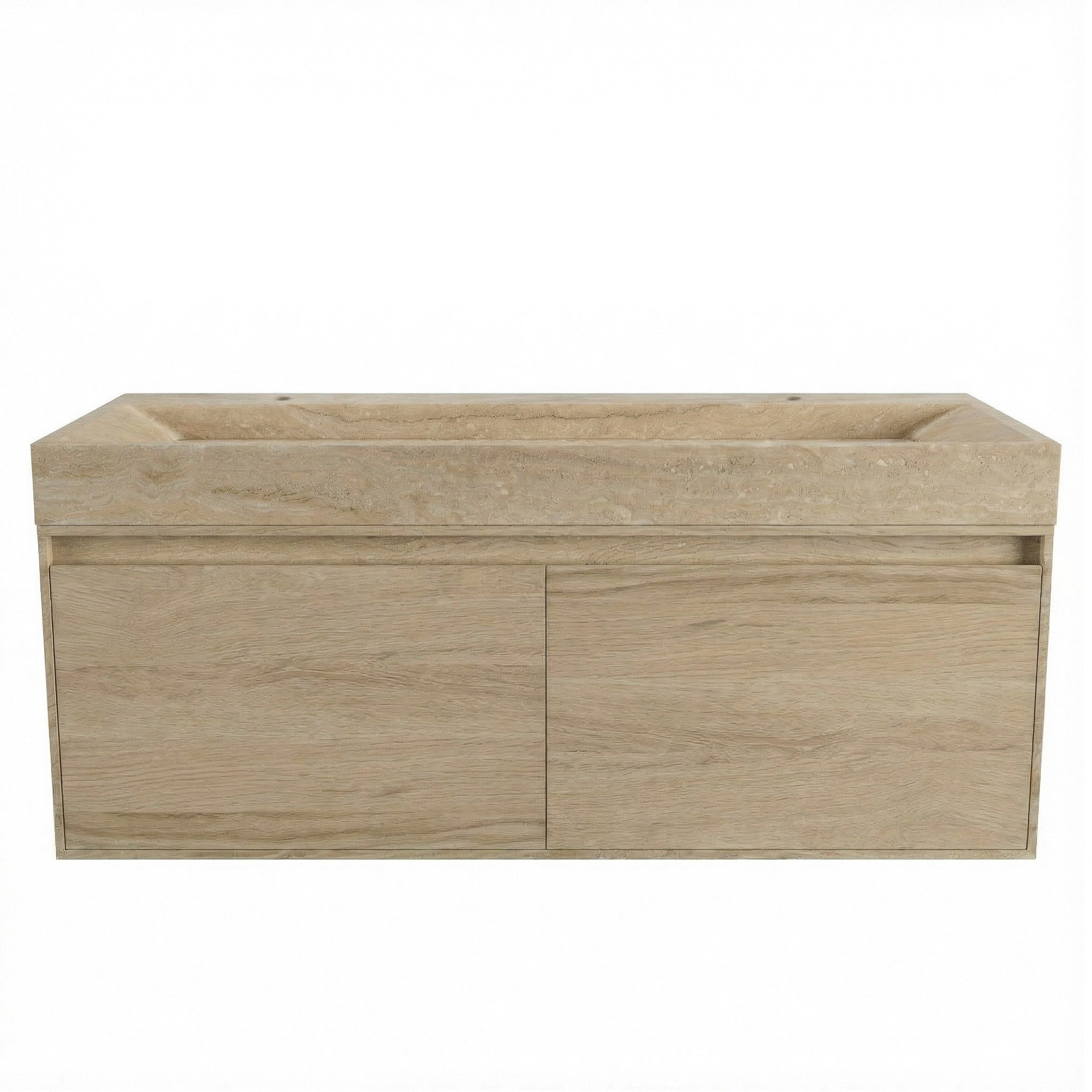 FORZALAQUA IBIZA BELLEZZA Waschbecken mit Unterschrank 120 cm breit , Braun hell, Natursteinwaschbecken Travertin matt mit zwei Hahnlöchern, 2 Schubladen