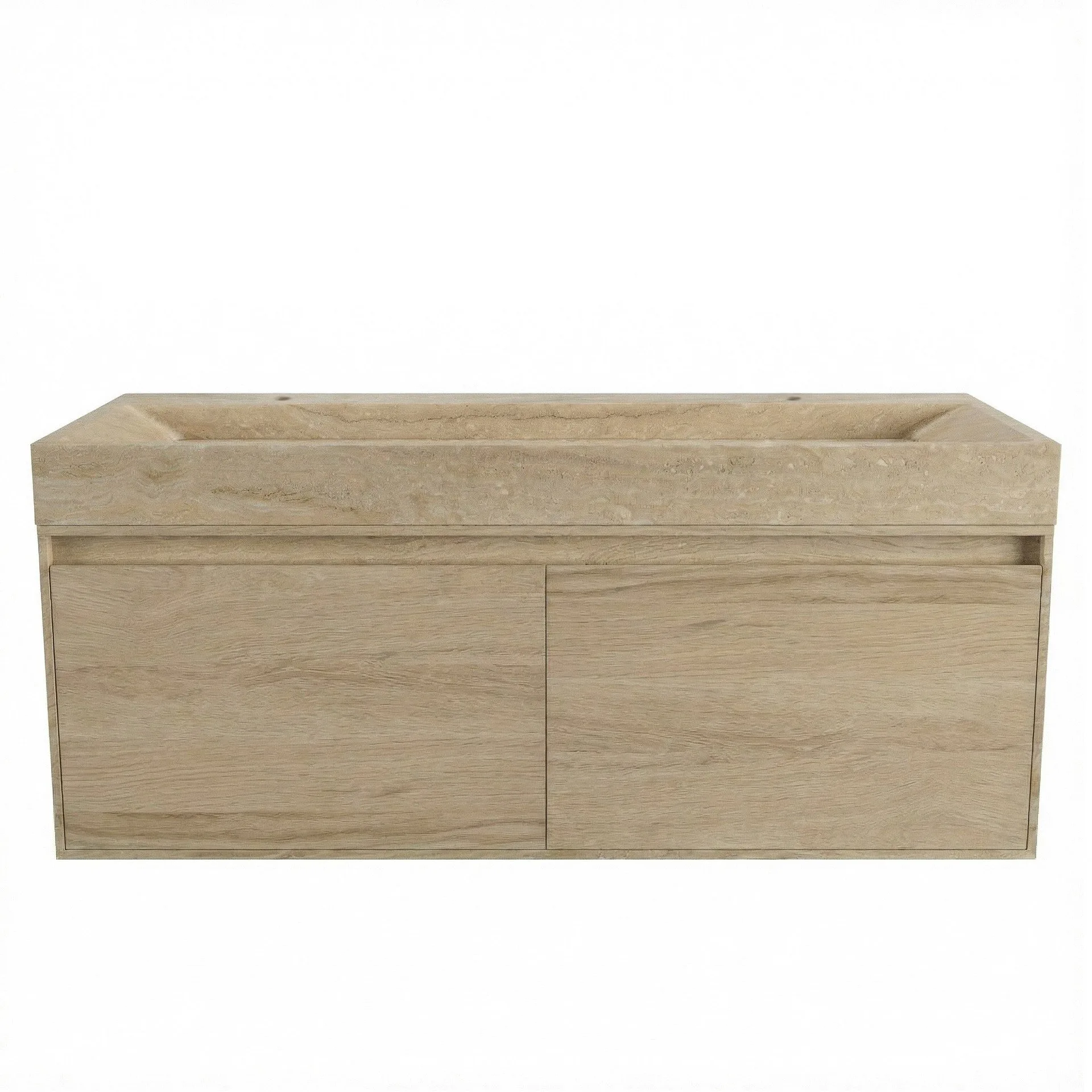 FORZALAQUA IBIZA BELLEZZA Waschbecken mit Unterschrank 120 cm breit , Braun hell, Natursteinwaschbecken Travertin matt mit zwei Hahnlöchern, 2 Schubladen