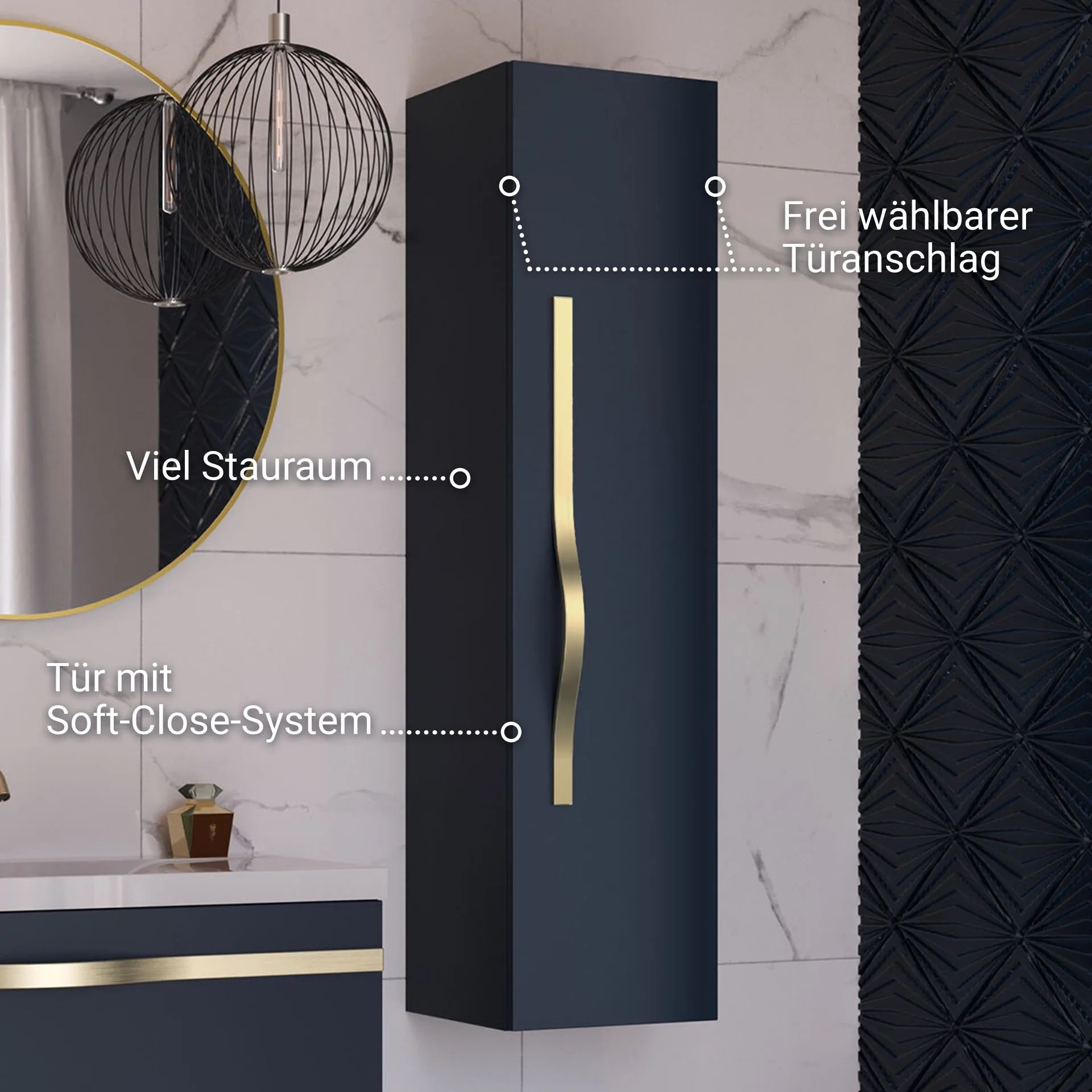 BADEDU FILS Hochschrank 33 cm breit, Blau, Griff Gold
