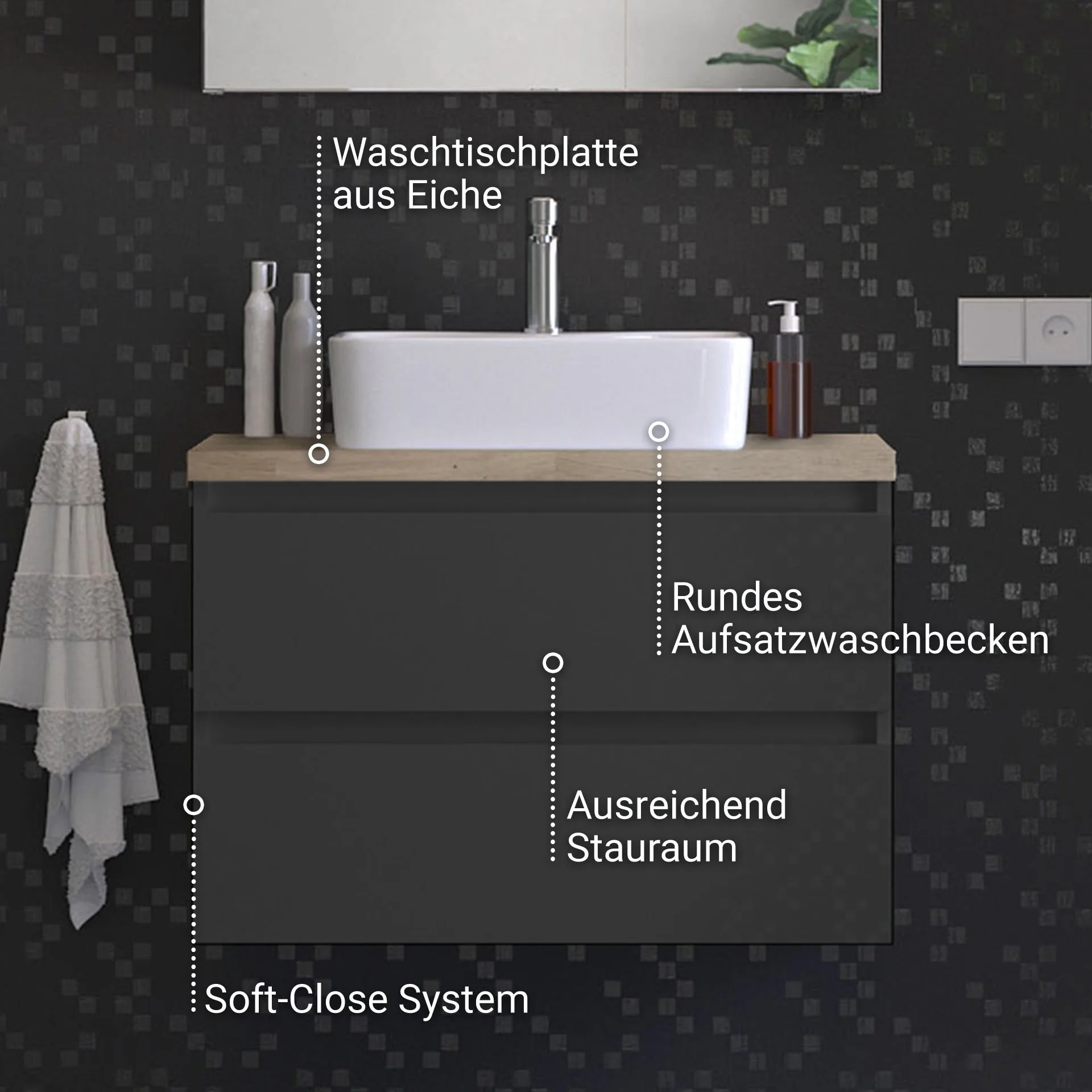 BADEDU GERS Waschbecken mit Unterschrank 80 cm breit, Grau, Aufsatzwaschbecken Keramik Weiß, Waschtischplatte Braun hell