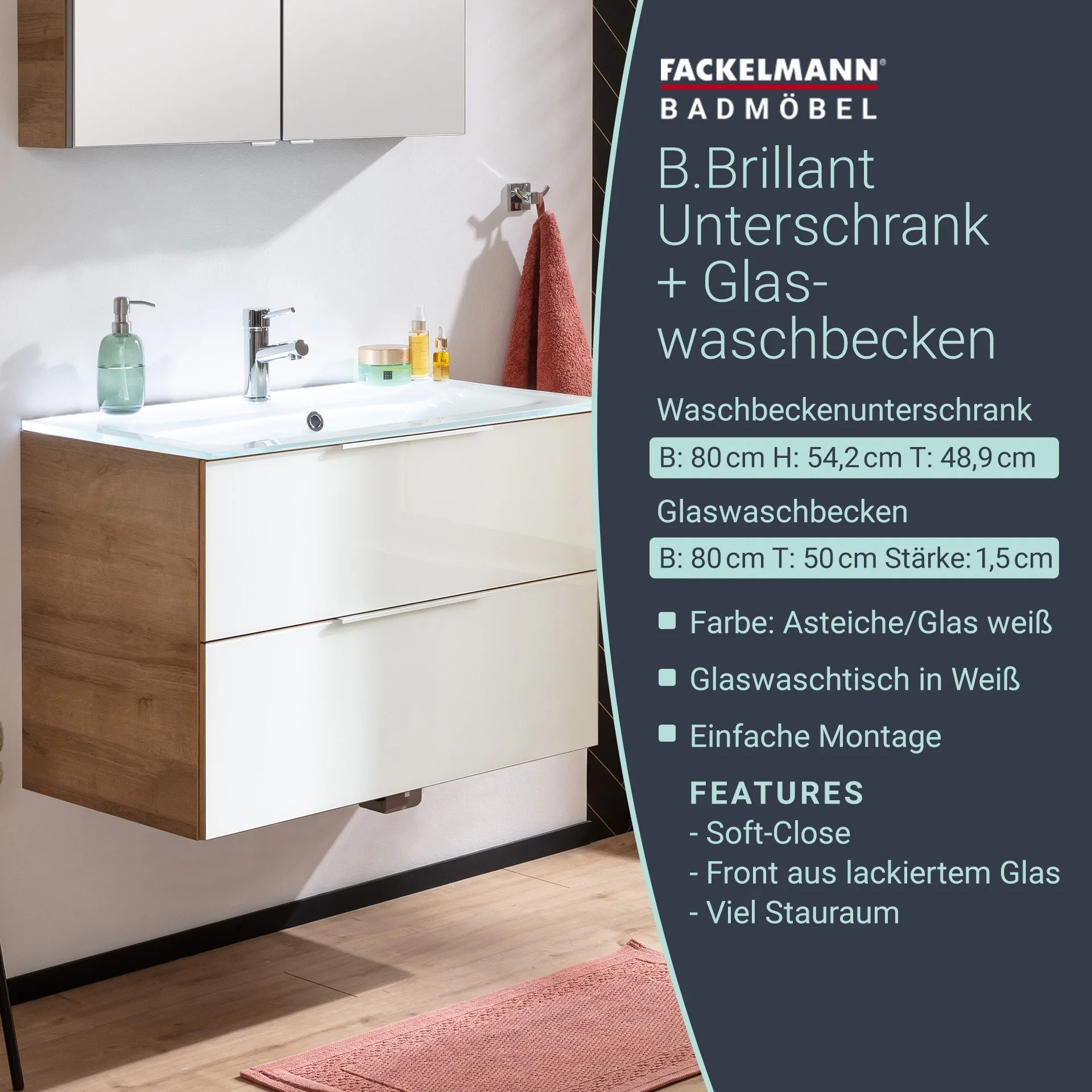 FACKELMANN B.BRILLANT Waschbecken mit Unterschrank 80 cm breit, Weiß Glas/Braun hell, Waschbecken Glas Weiß