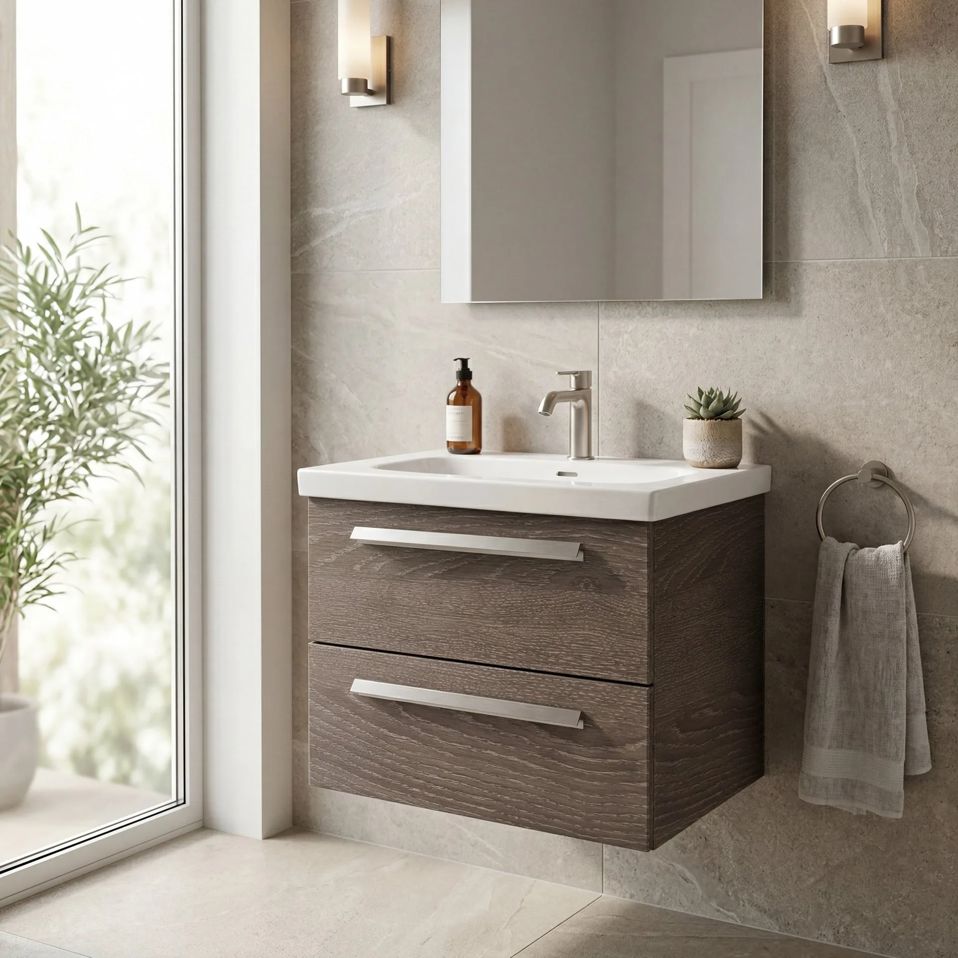 LANZET K1 Waschbecken mit Unterschrank 61 cm breit, Braun dunkel, Waschbecken Keramik Weiß