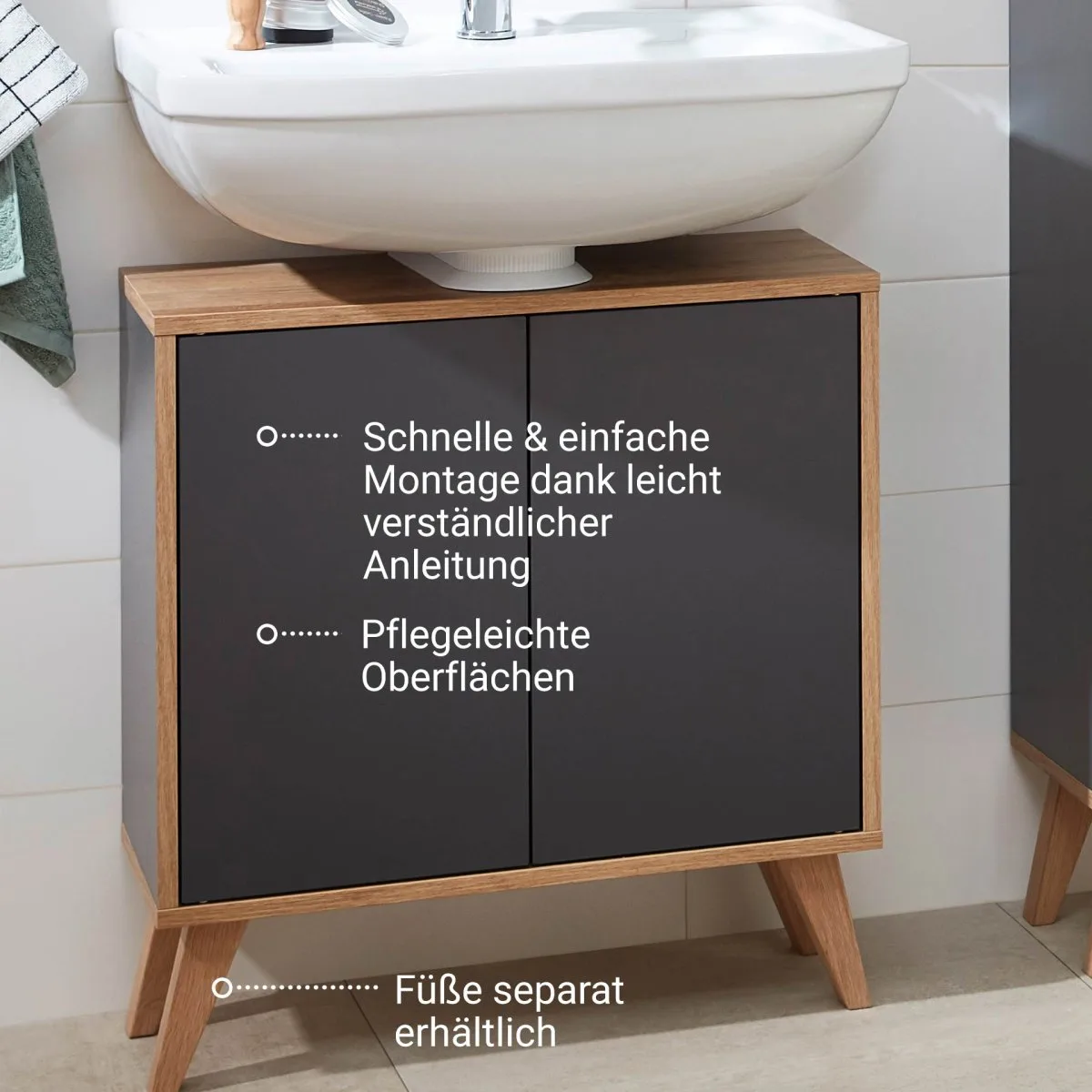 FACKELMANN FINN Waschbeckenunterschrank 60 cm breit, Anthrazit/Braun hell