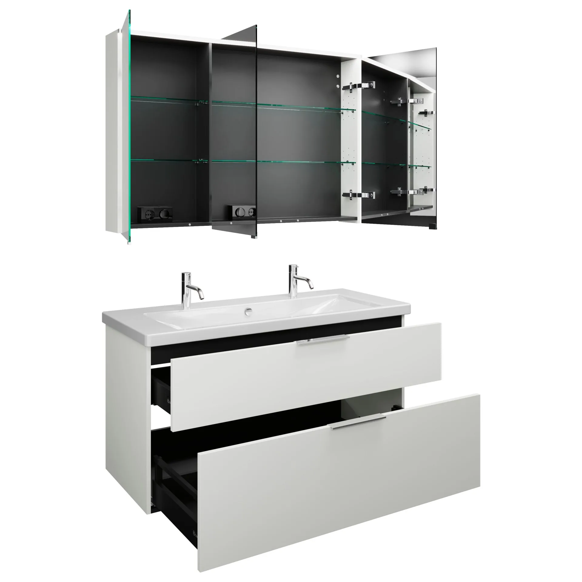 Burgbad EQIO Waschtisch Set mit Spiegelschrank 123 cm breit, Weiß Hochglanz, Doppelwaschbecken Keramik Weiß, 3-türig Anschlag links