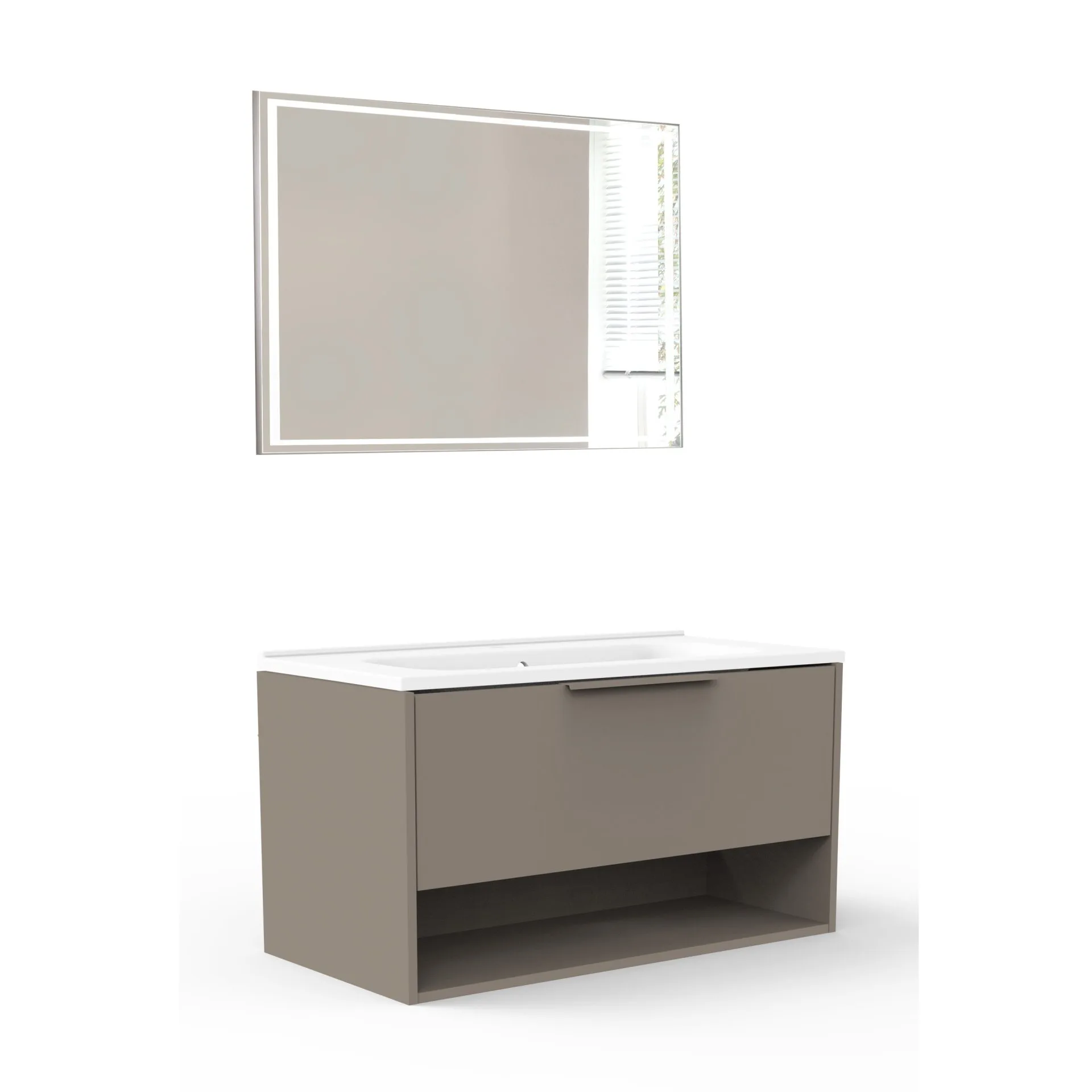 FACKELMANN B.PARIS Waschtisch Set mit Spiegel 90 cm breit, Grau, Waschbecken Gussmarmor Weiß