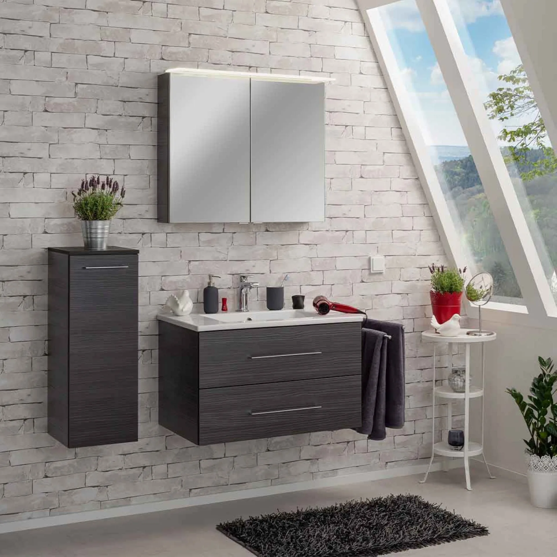FACKELMANN B.PERFEKT Waschbecken mit Unterschrank 82 cm breit, Anthrazit, Waschbecken Keramik Weiß