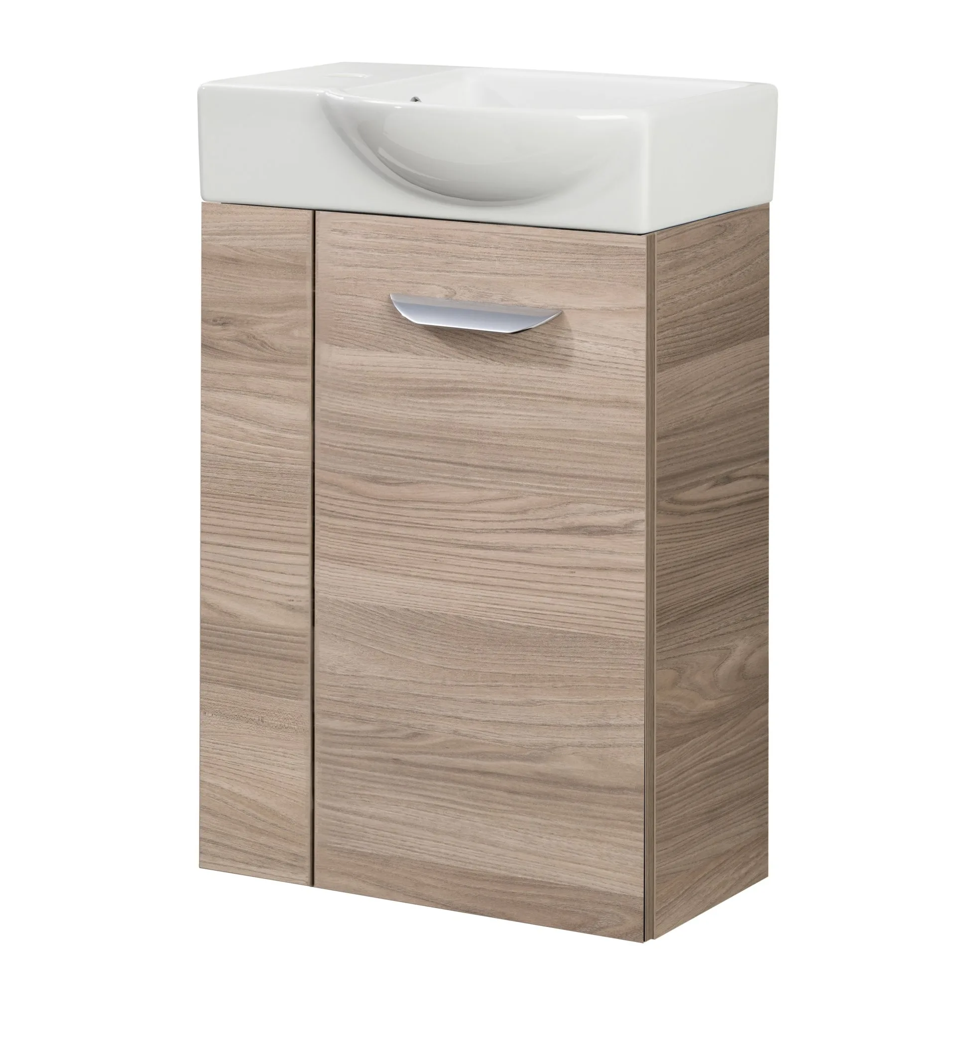 FACKELMANN SBC LUXOR Gäste WC Waschtisch Set 45 cm breit, Braun hell, Waschbecken Keramik Weiß, Türanschlag rechts