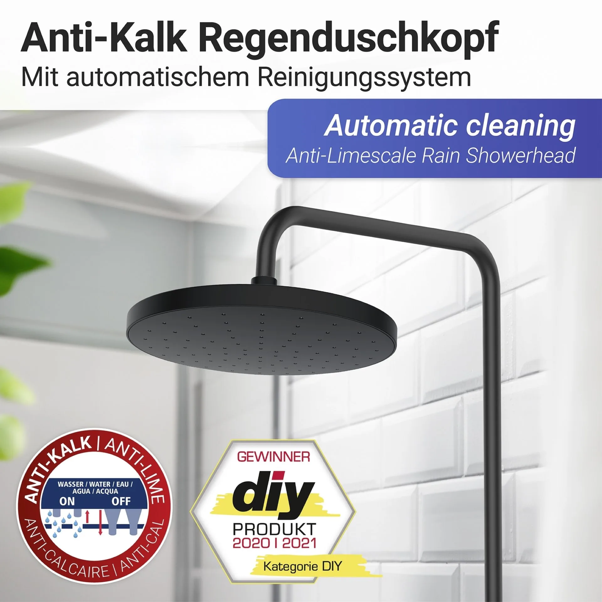 WENKO Duschkopf Regendusche Ø 22,5 cm, Schwarz, mit Automatischer Reinigungsfunktion