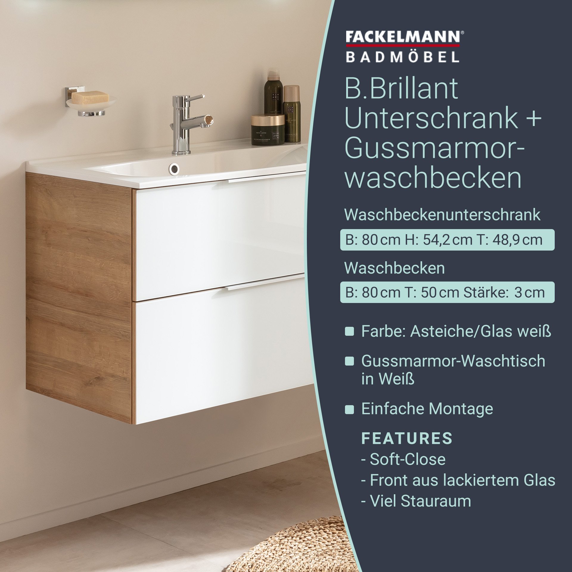Fackelmann B.BRILLANT Badmöbel Set 2-teilig, 80 cm breit, Weiß Glas/Braun hell, Gussmarmor