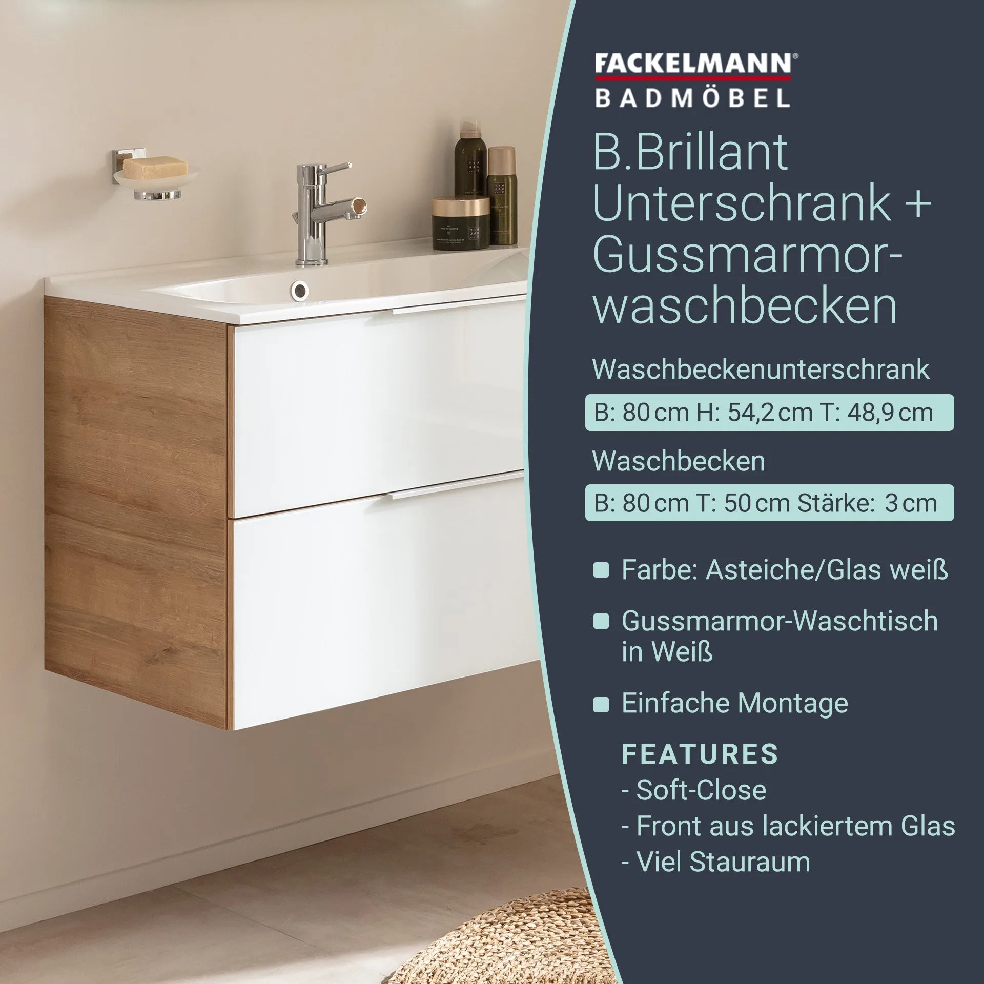FACKELMANN B.BRILLANT Waschbecken mit Unterschrank 80 cm breit, Weiß Glas/Braun hell, Waschbecken Gussmarmor Weiß