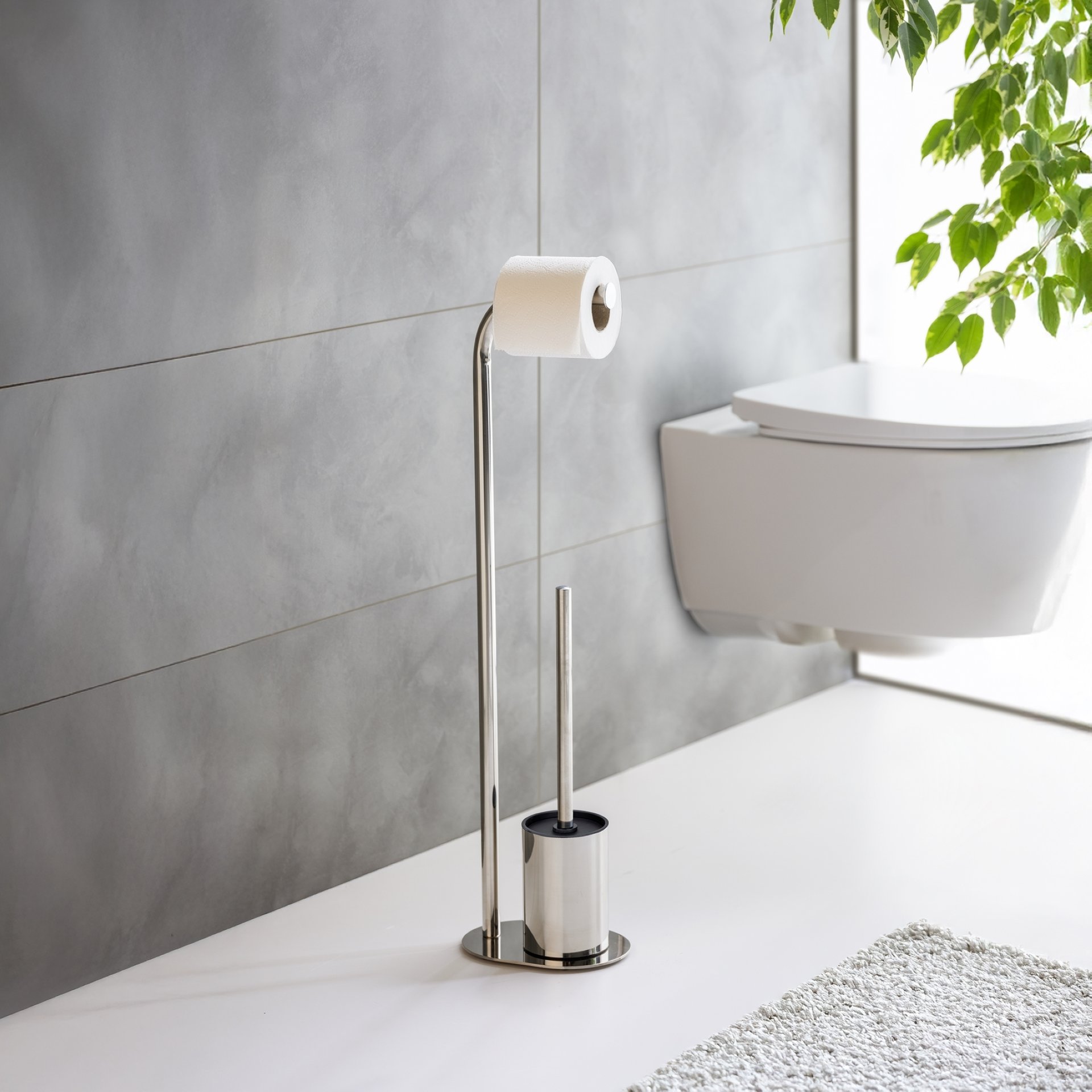 WENKO LEVANTE WC-Garnitur, Silber glänzend, mit Toilettenpapierhalter, stehend