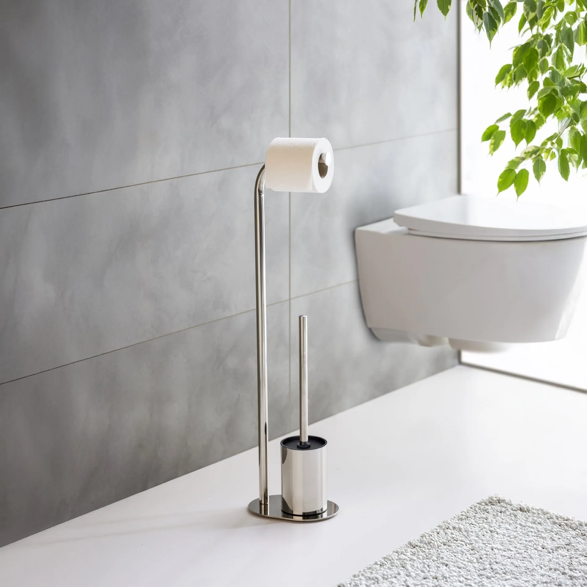 WENKO LEVANTE WC-Garnitur, Silber glänzend, mit Toilettenpapierhalter, stehend