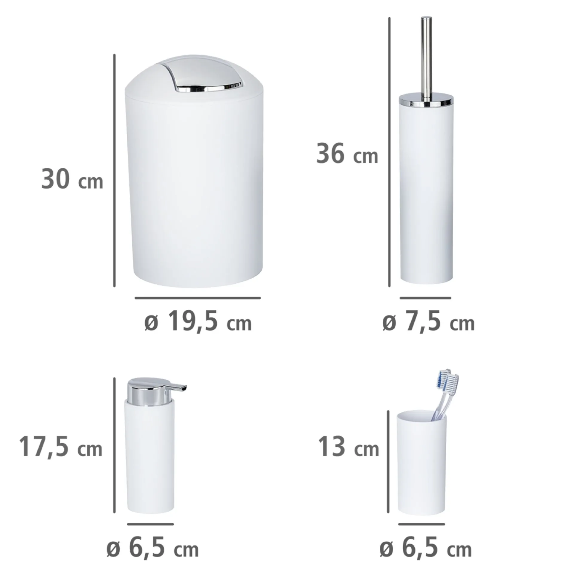WENKO CALVO Accessoire Set, Weiß, Zahnputzbecher, Seifenspender, WC-Garnitur, Kosmetikeimer