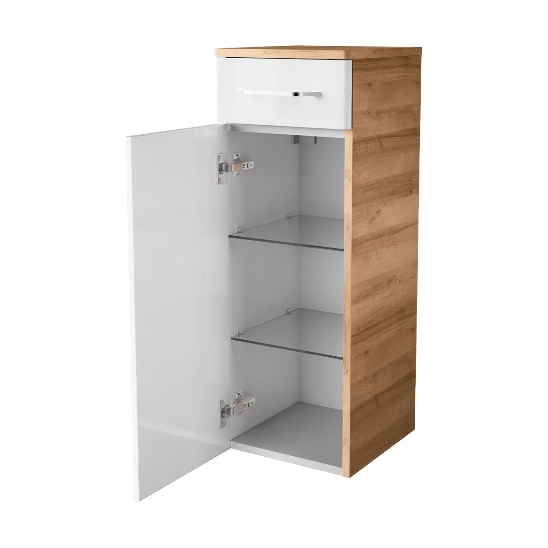 FACKELMANN MILANO Badmöbel Set 4-teilig 107 cm breit, Weiß/Braun hell, Waschbecken Keramik Weiß + LED Spiegel + Midischrank
