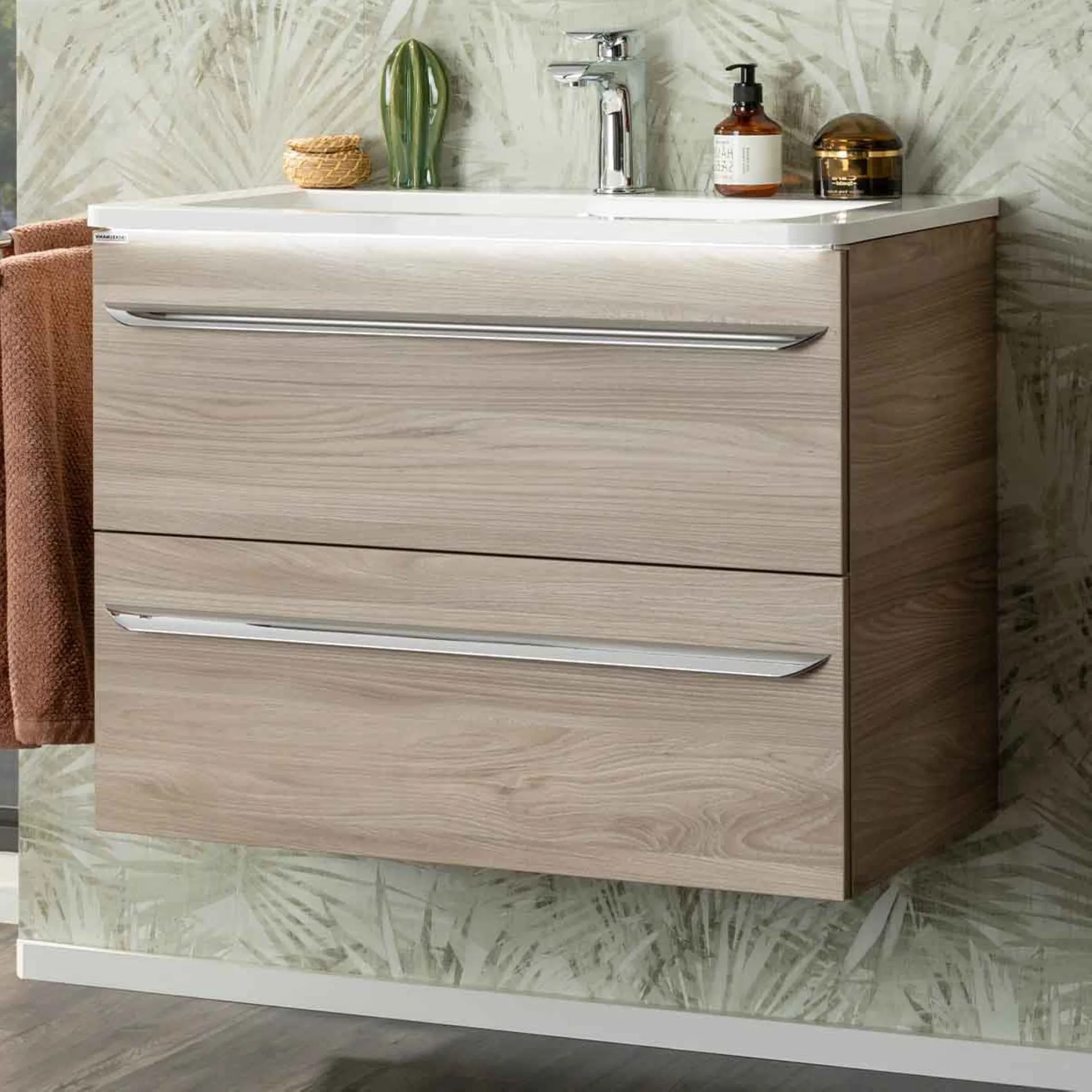 FACKELMANN LUXOR Waschbecken mit Unterschrank 80 cm breit, Braun hell, Waschbecken Gussmarmor Weiß