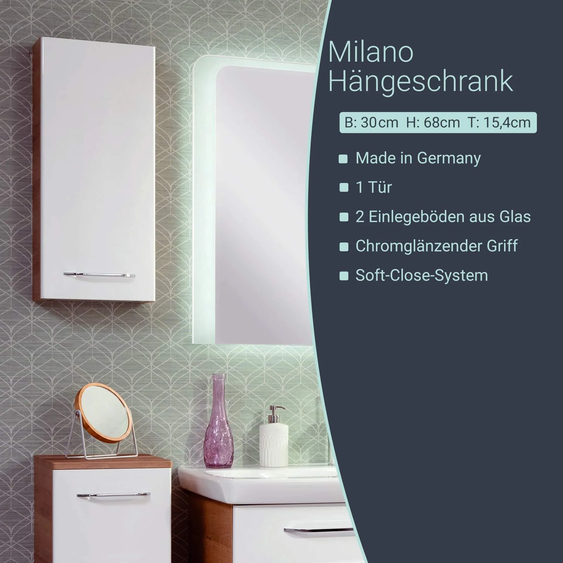 FACKELMANN MILANO Hängeschrank 30 cm breit, Weiß/Braun hell