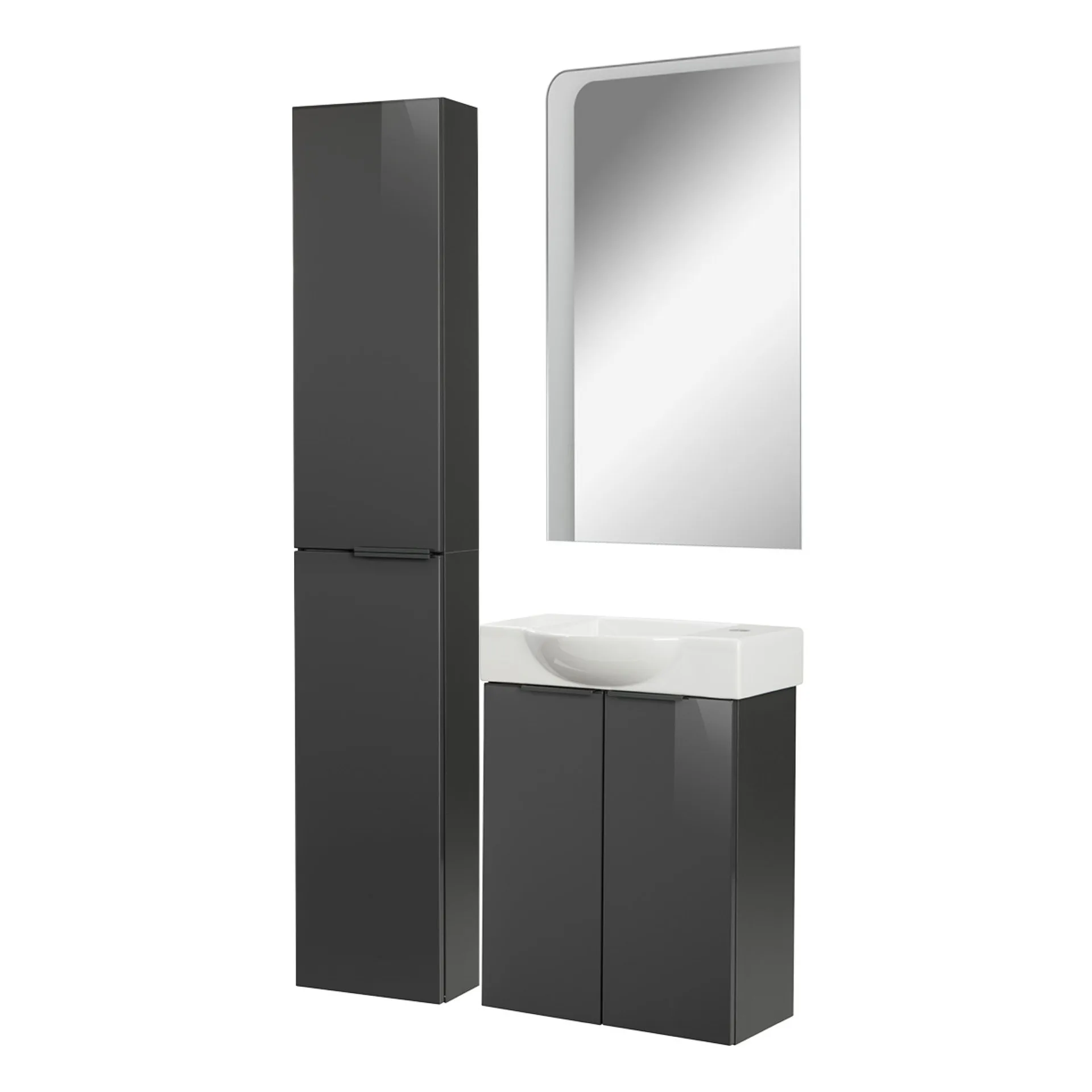 FACKELMANN SBC LUNA Gäste WC Set 4-teilig 55 cm breit, Anthrazit, Waschbecken Keramik Weiß Hahnloch rechts + LED Spiegel + Hochschrank slim