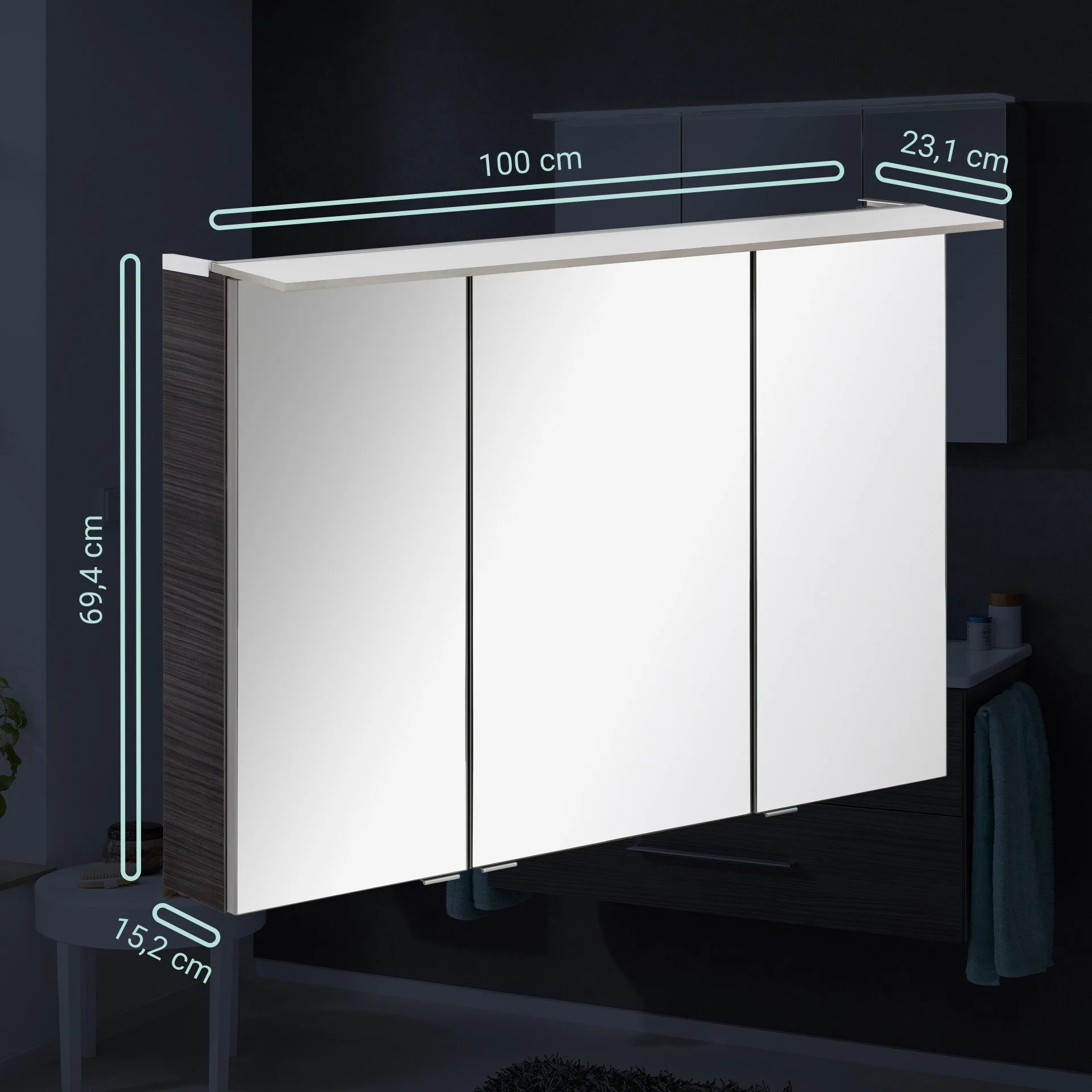 Fackelmann B.PERFEKT LED Spiegelschrank 100 cm breit, Anthrazit