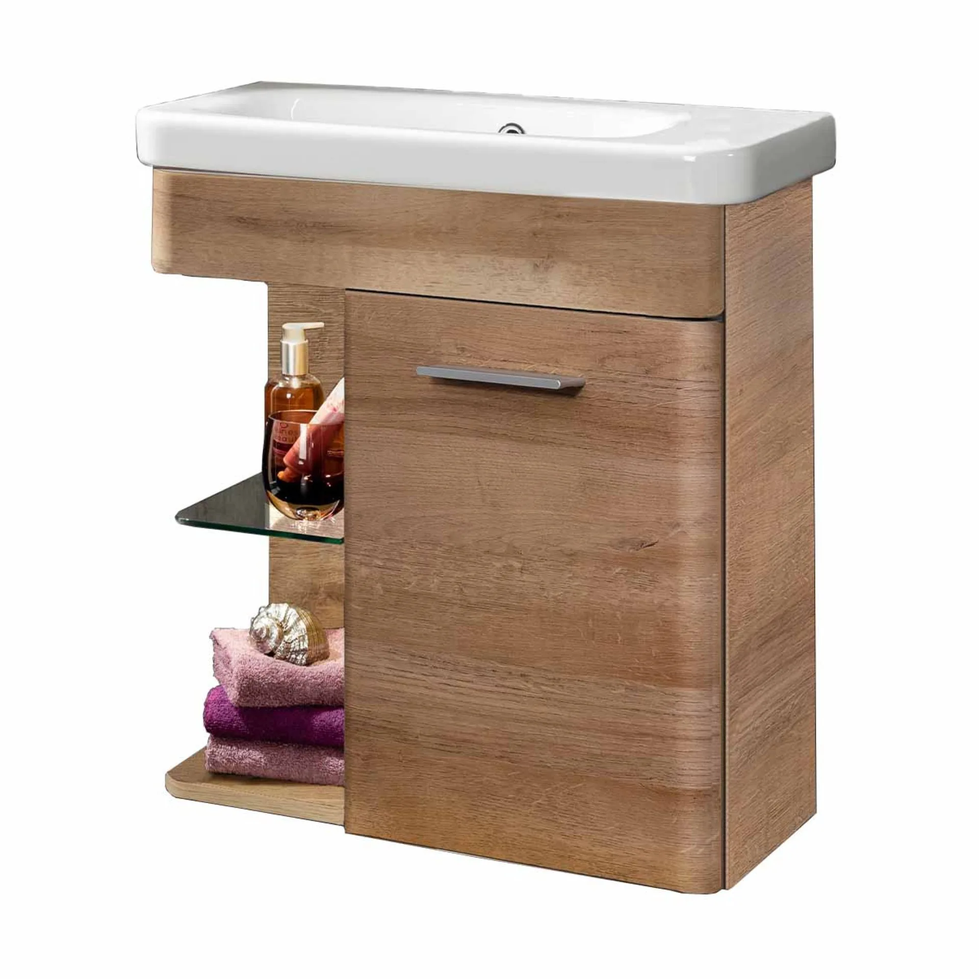 LANZET K8 Gäste WC Waschtisch Set 60 cm breit, Braun hell, Waschbecken Keramik Weiß, Türanschlag rechts